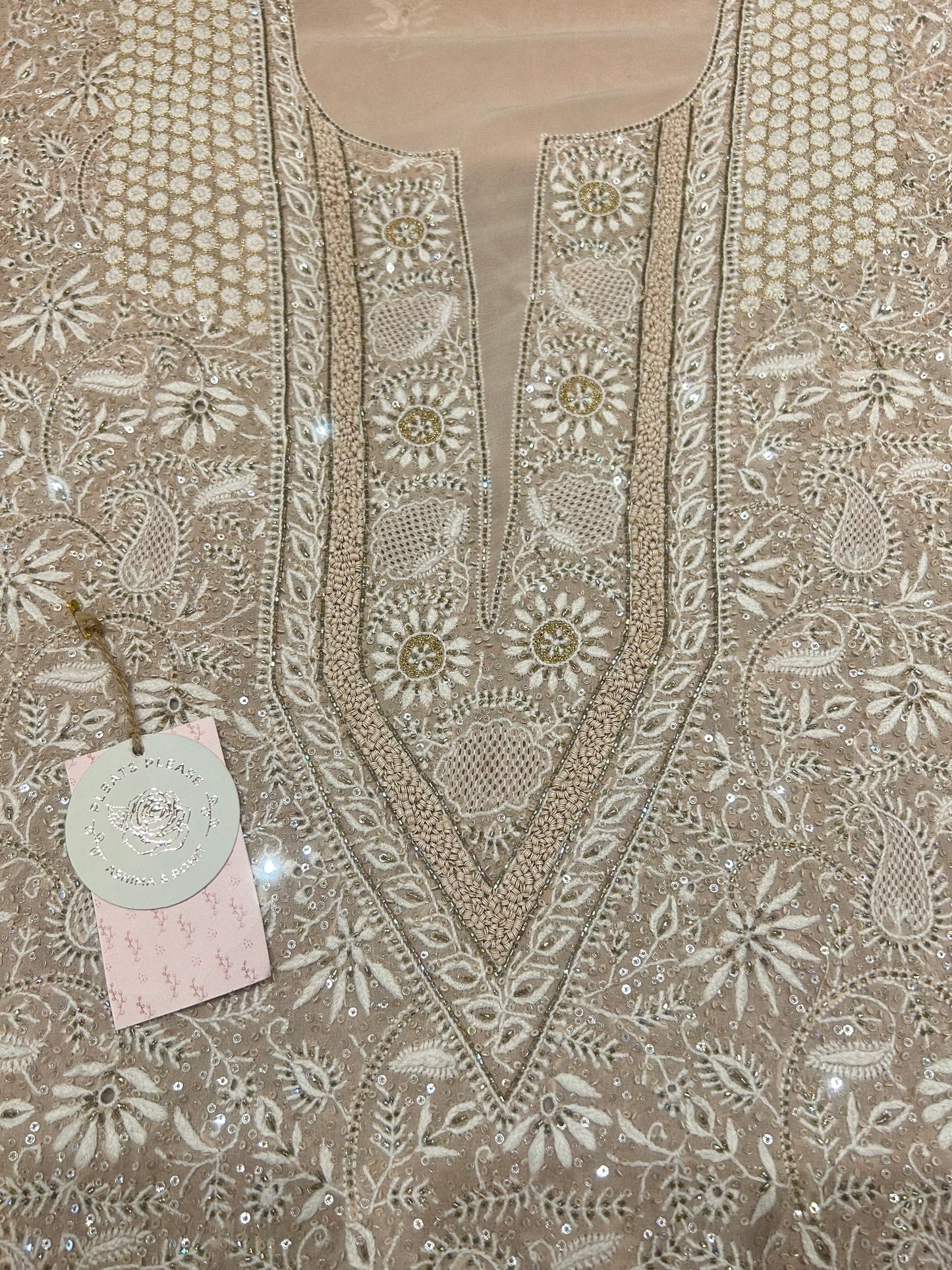 Coffee Cream Pure Georgette Chikankari Kurta And Dupatta Fabric
