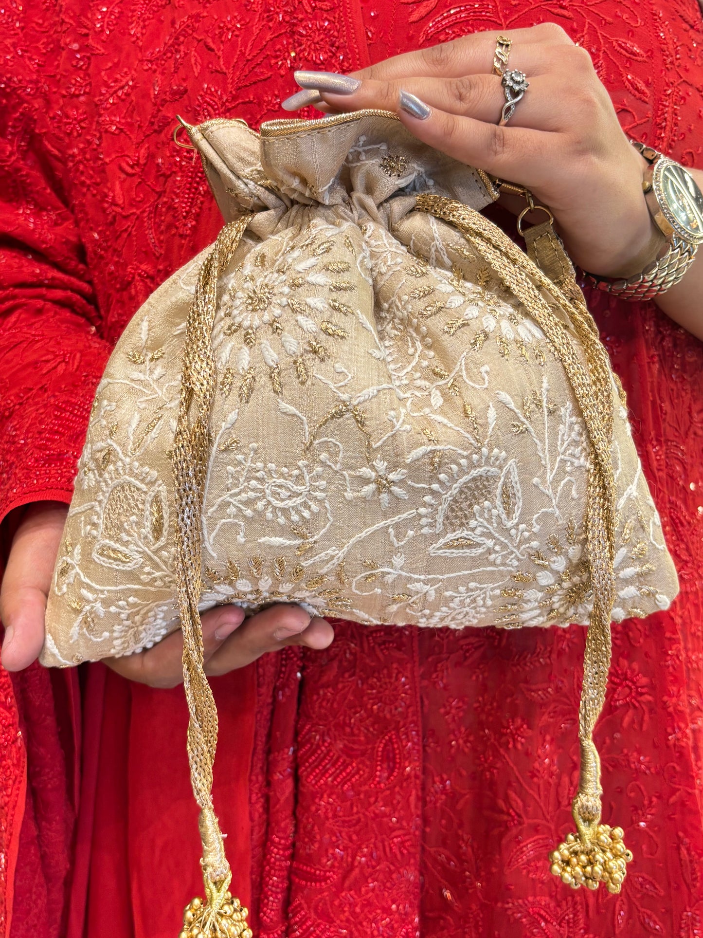 Beige Silk Chikankari Potli