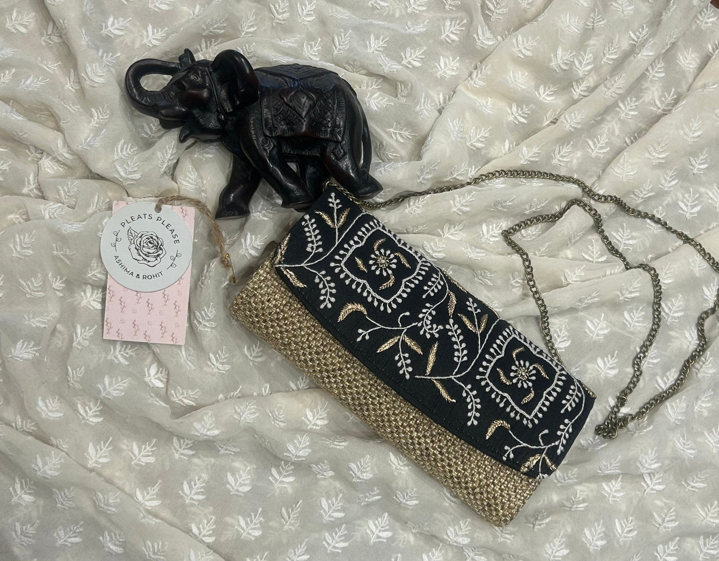 Black beige Chikankari Clutch Jute Bag