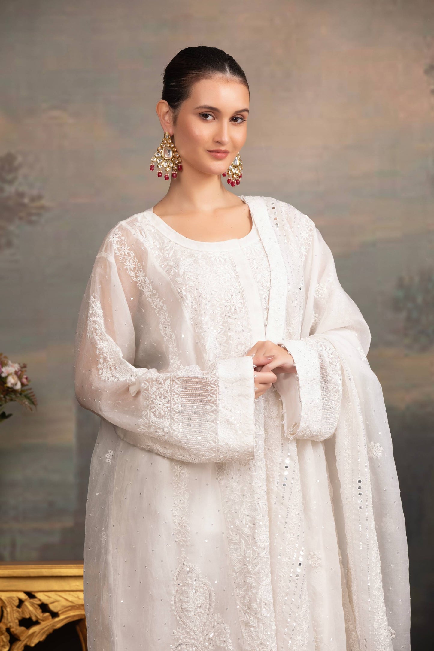 Dyeable Organza Silk Chikankari Kurta and Dupatta