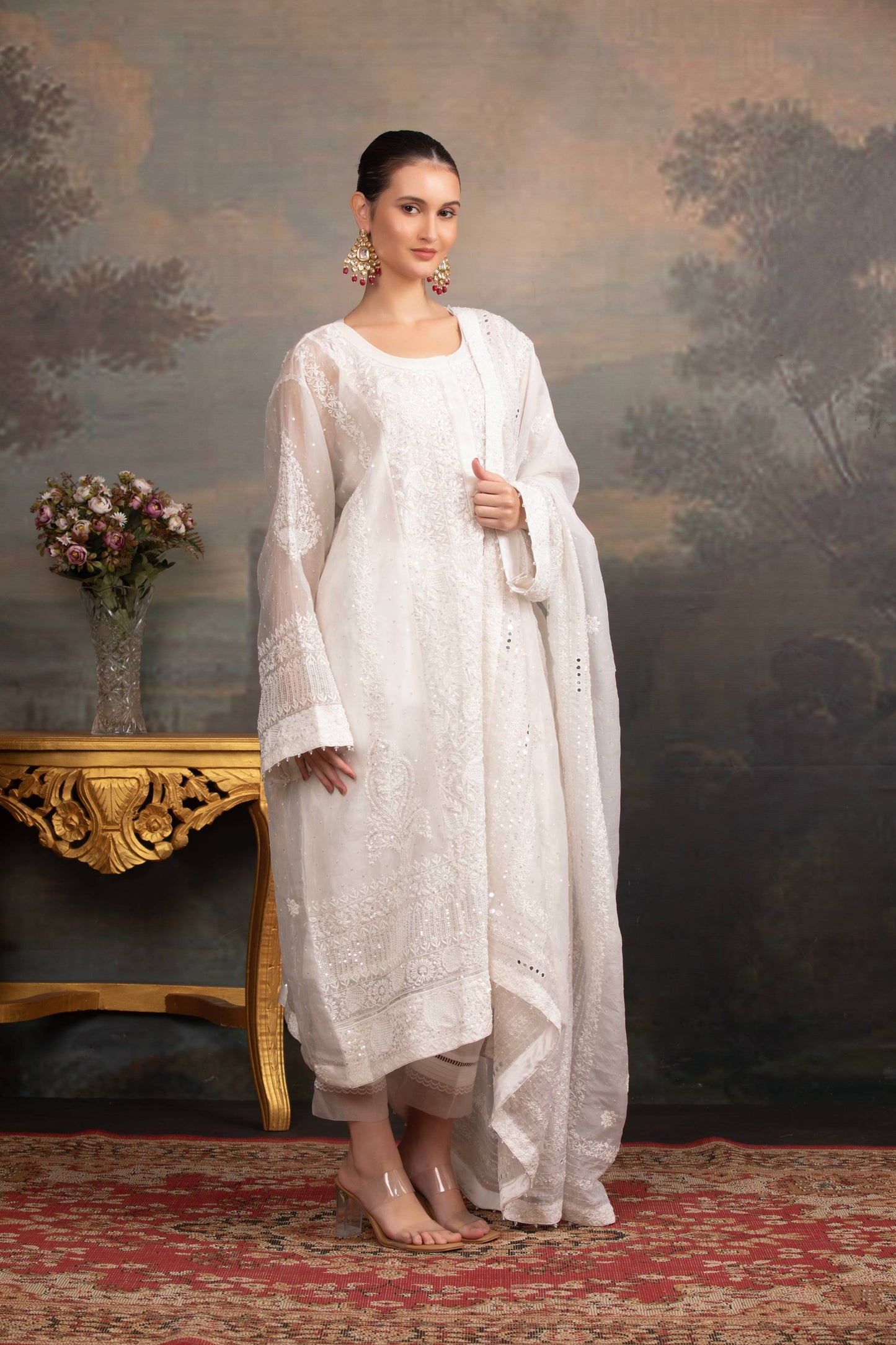 Dyeable Organza Silk Chikankari Kurta and Dupatta