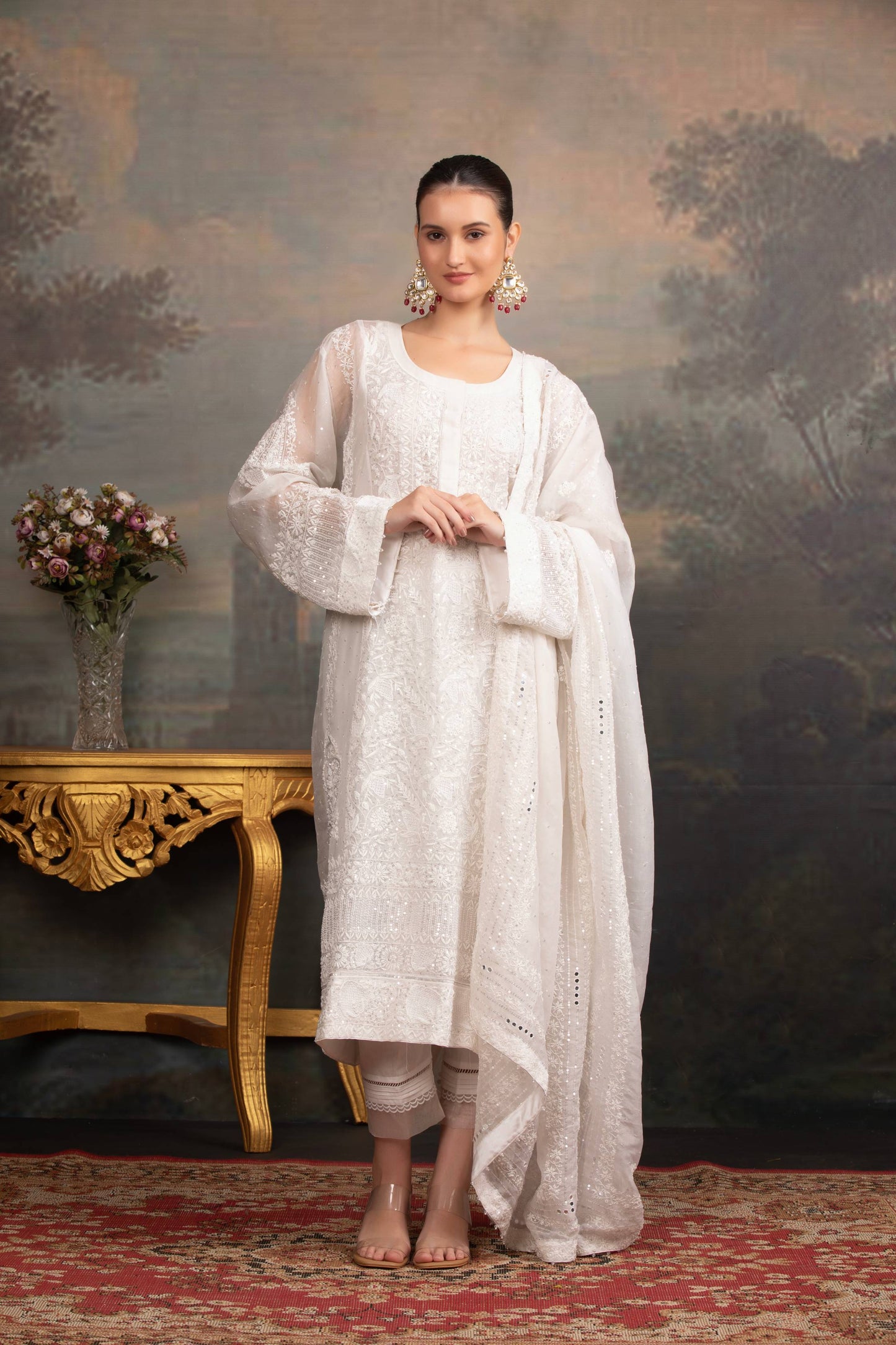 Dyeable Organza Silk Chikankari Kurta and Dupatta