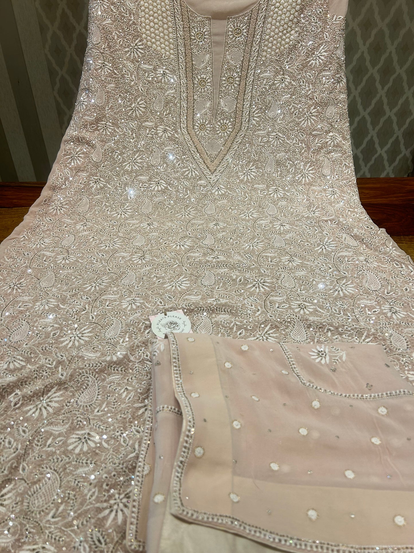 Coffee Cream Pure Georgette Chikankari Kurta And Dupatta Fabric