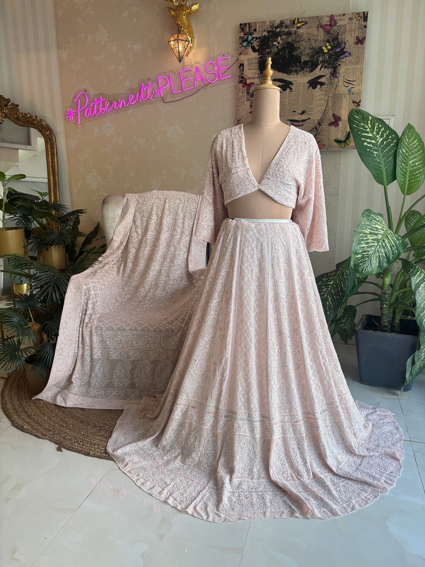 Dusty Peach Pure Georgette Chikankari Lehenga