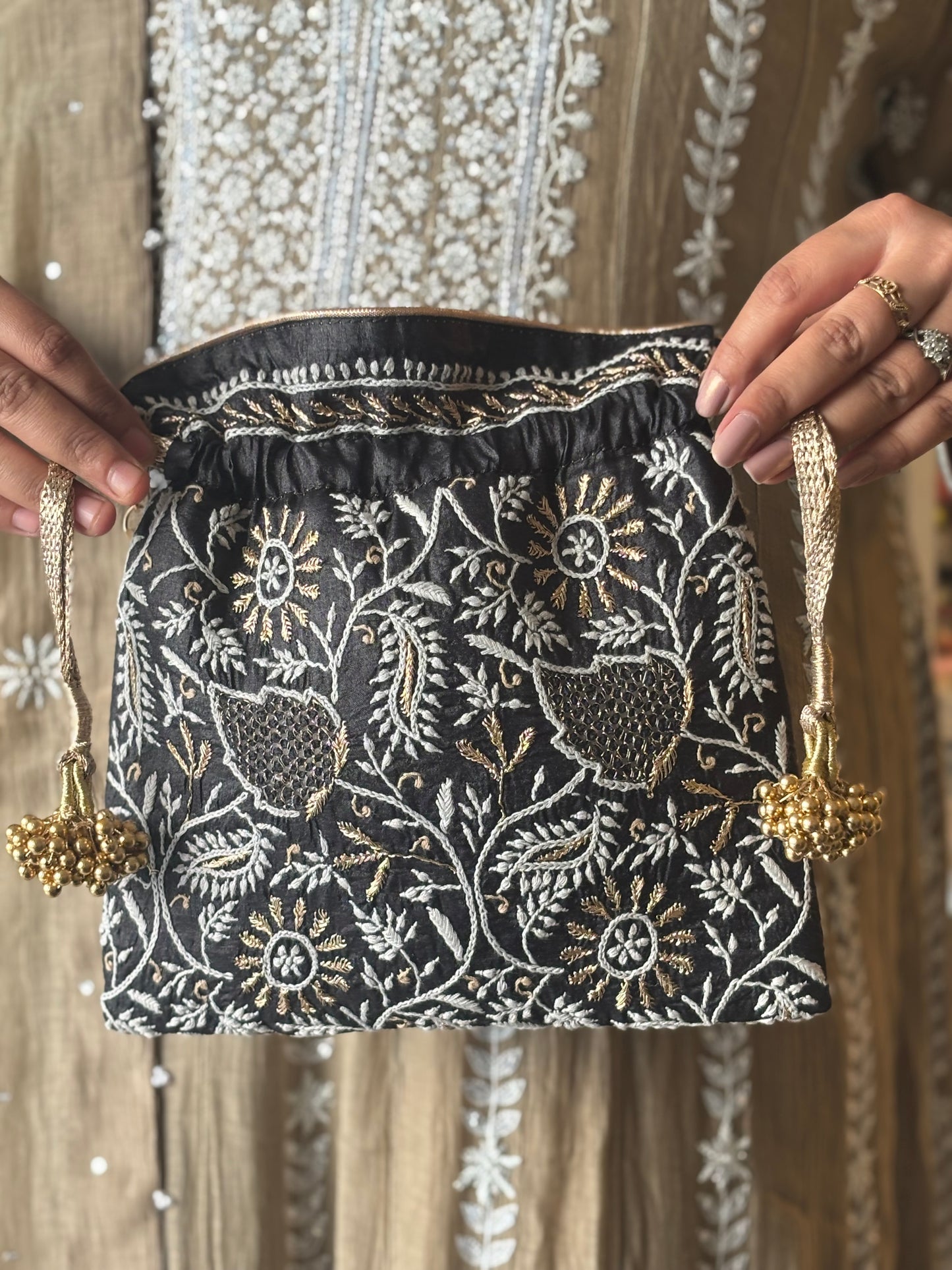 Black Silk Chikankari Potli