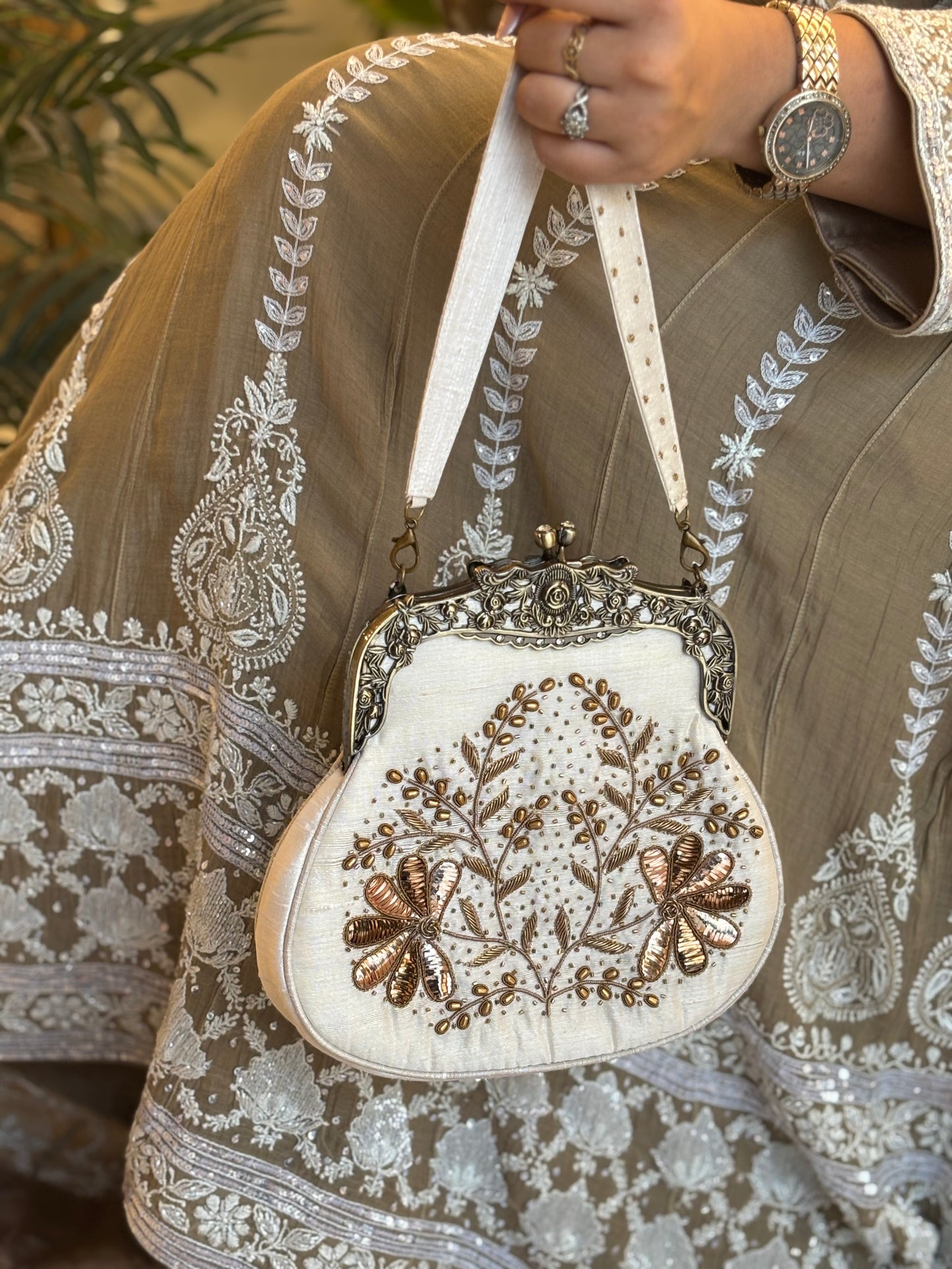 Ivory Silk Chikankari Clutch Bag