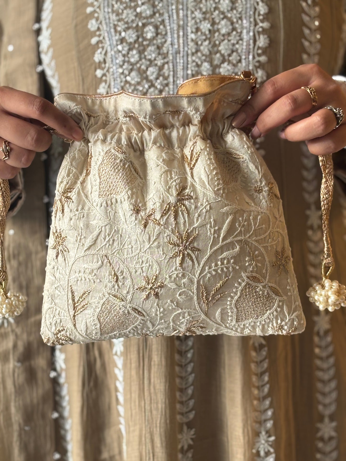 White Silk Chikankari Potli