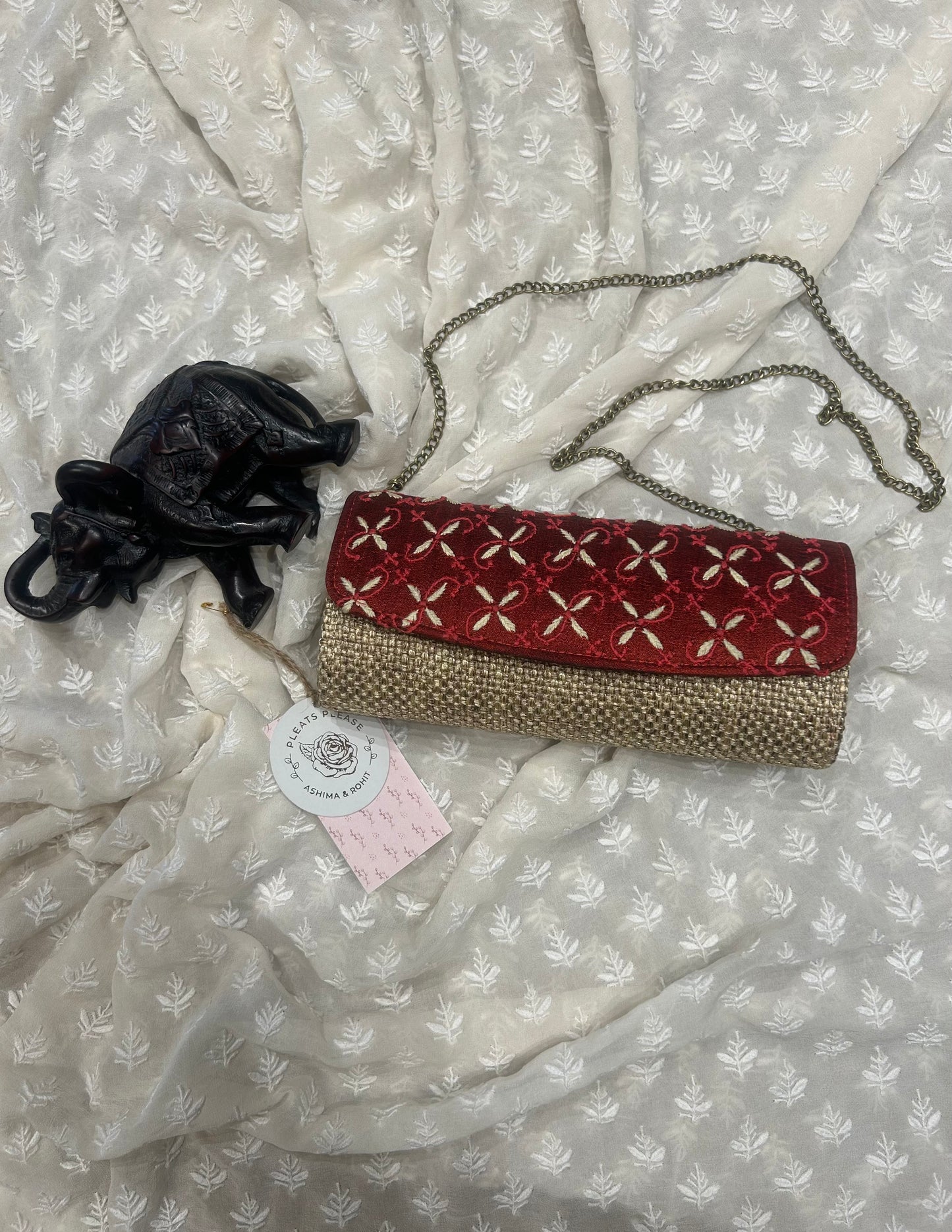 Sangria Red Silk Chikankari Clutch Jute Bag