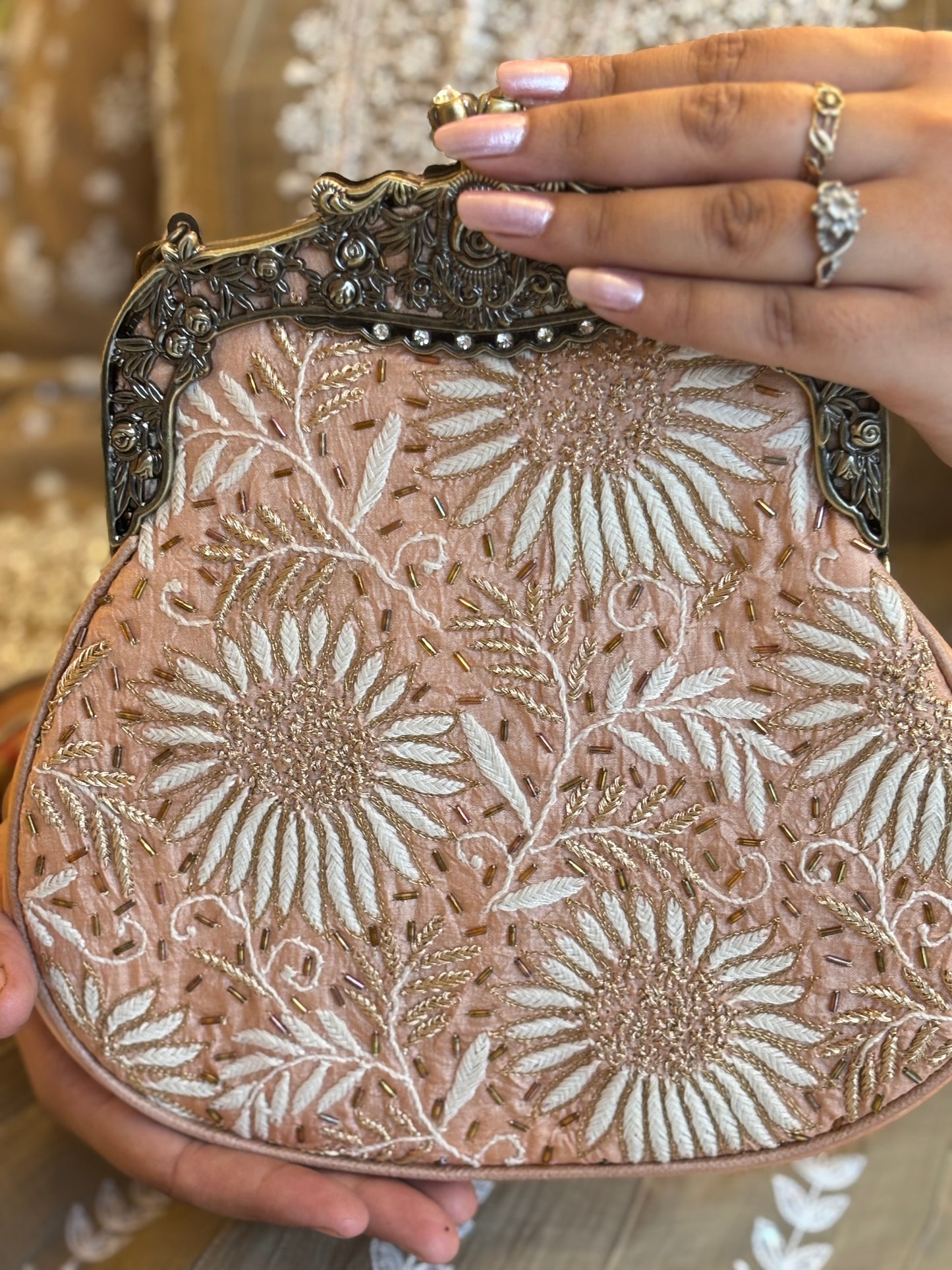 Peach Silk Chikankari Clutch Bag
