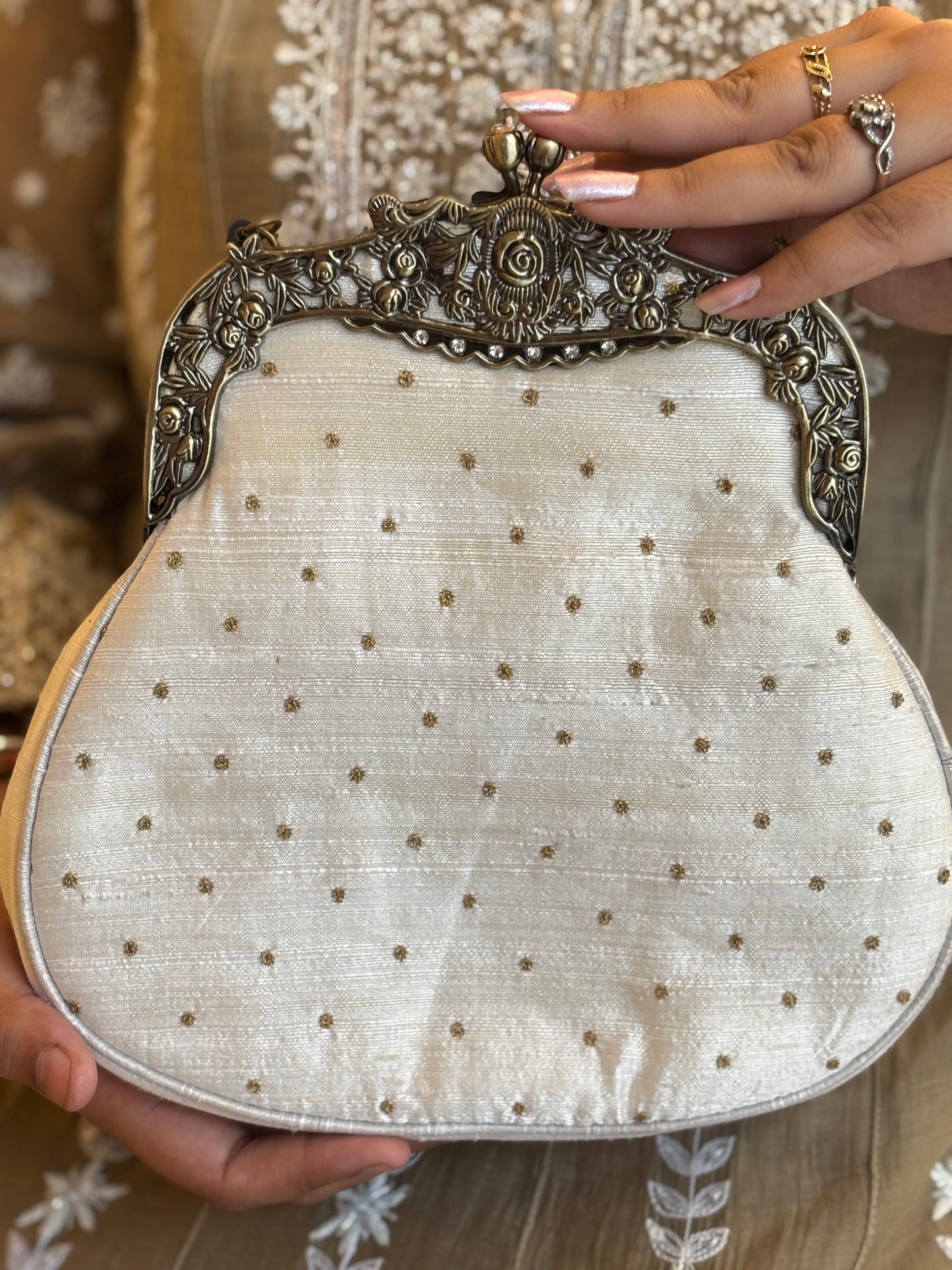 Ivory Silk Chikankari Clutch Bag