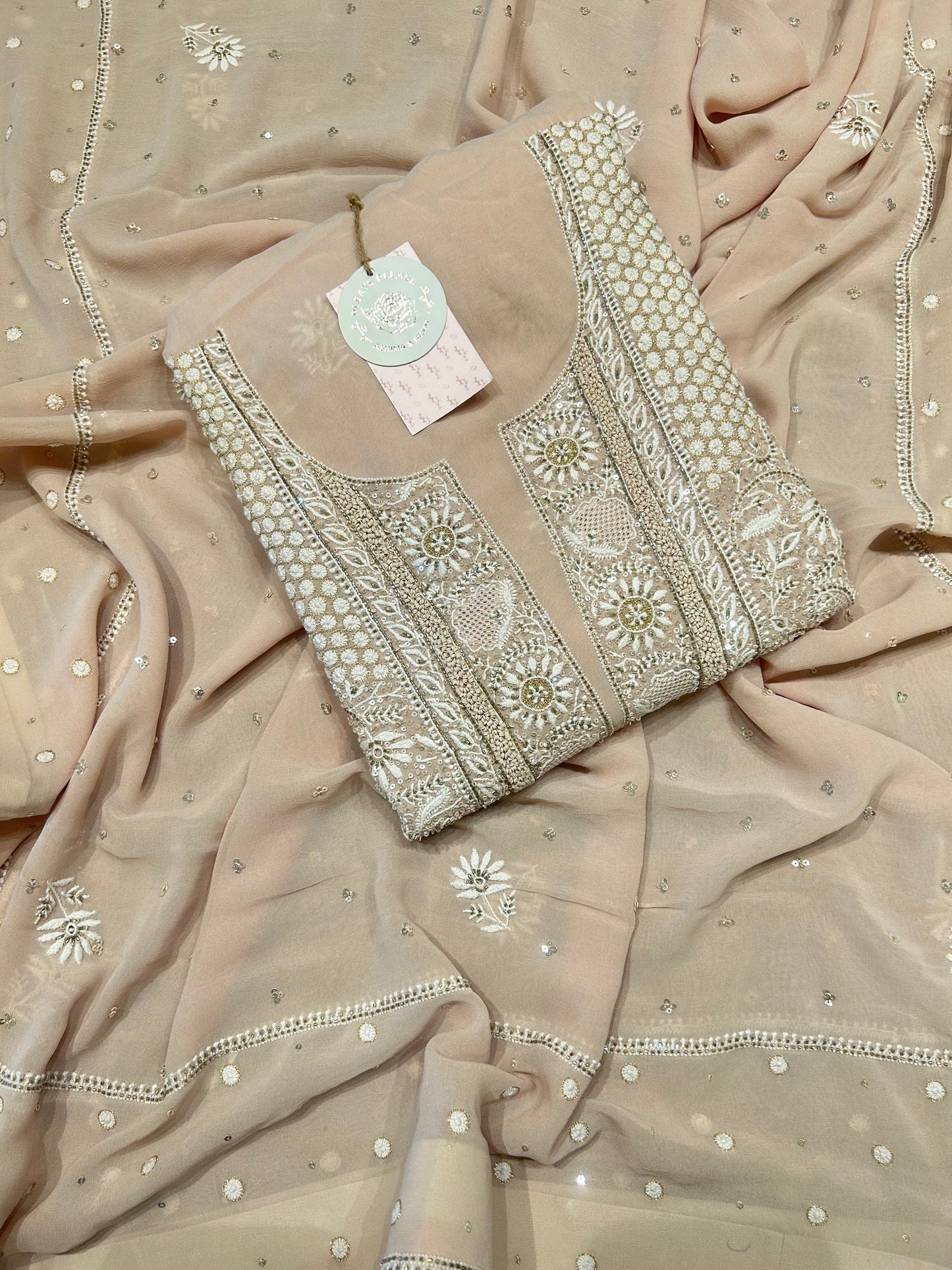 Coffee Cream Pure Georgette Chikankari Kurta And Dupatta Fabric