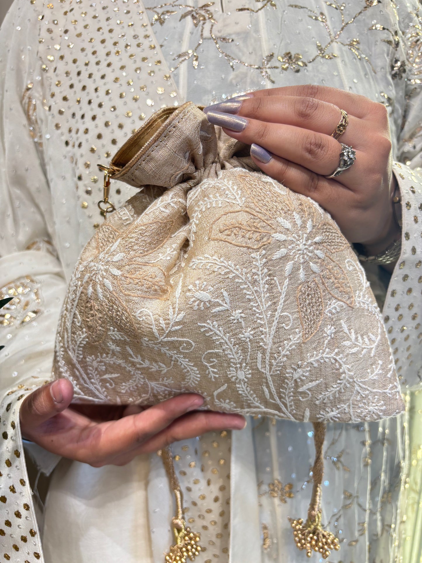 Beige Silk Chikankari Potli