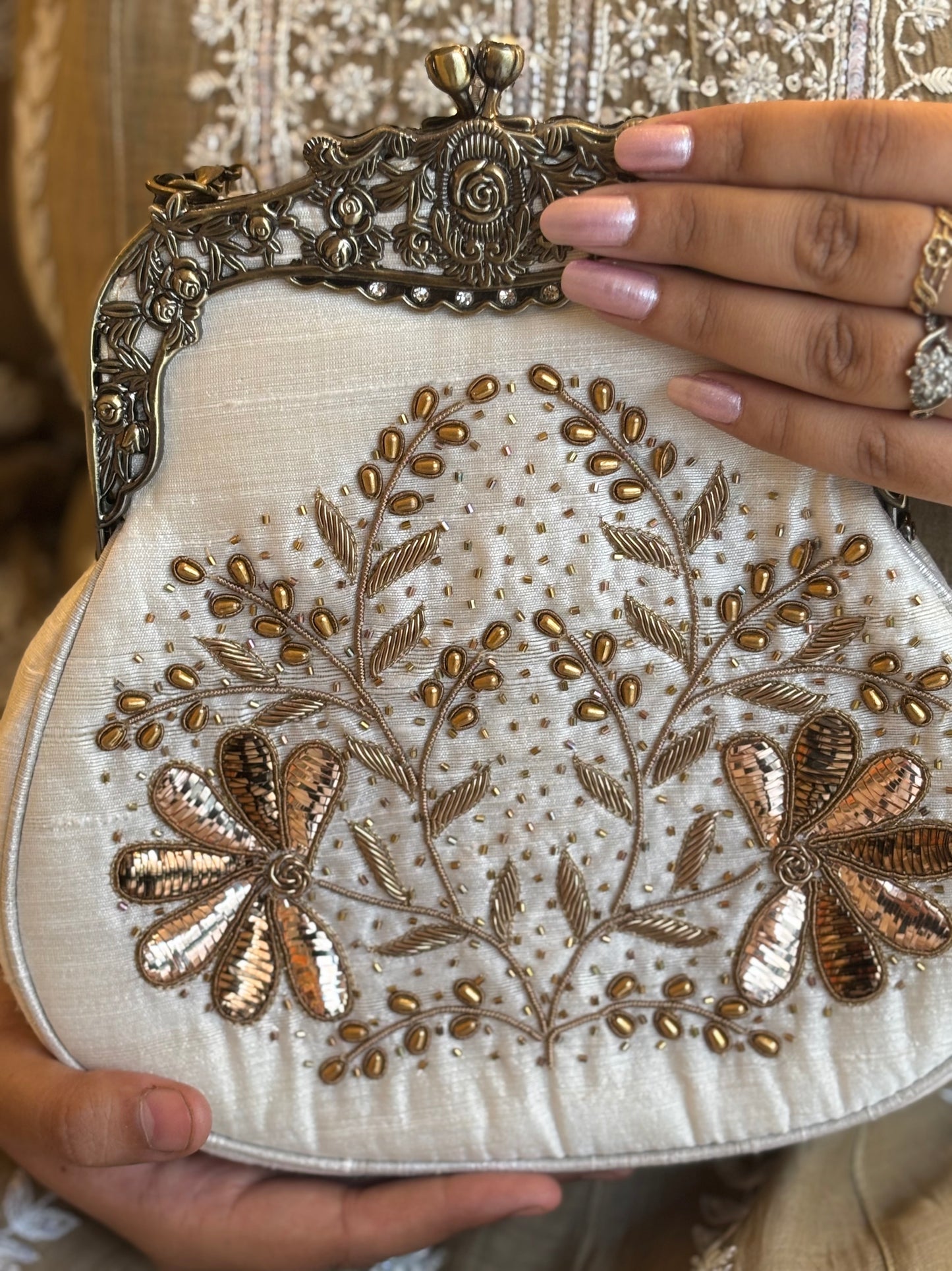 Ivory Silk Chikankari Clutch Bag