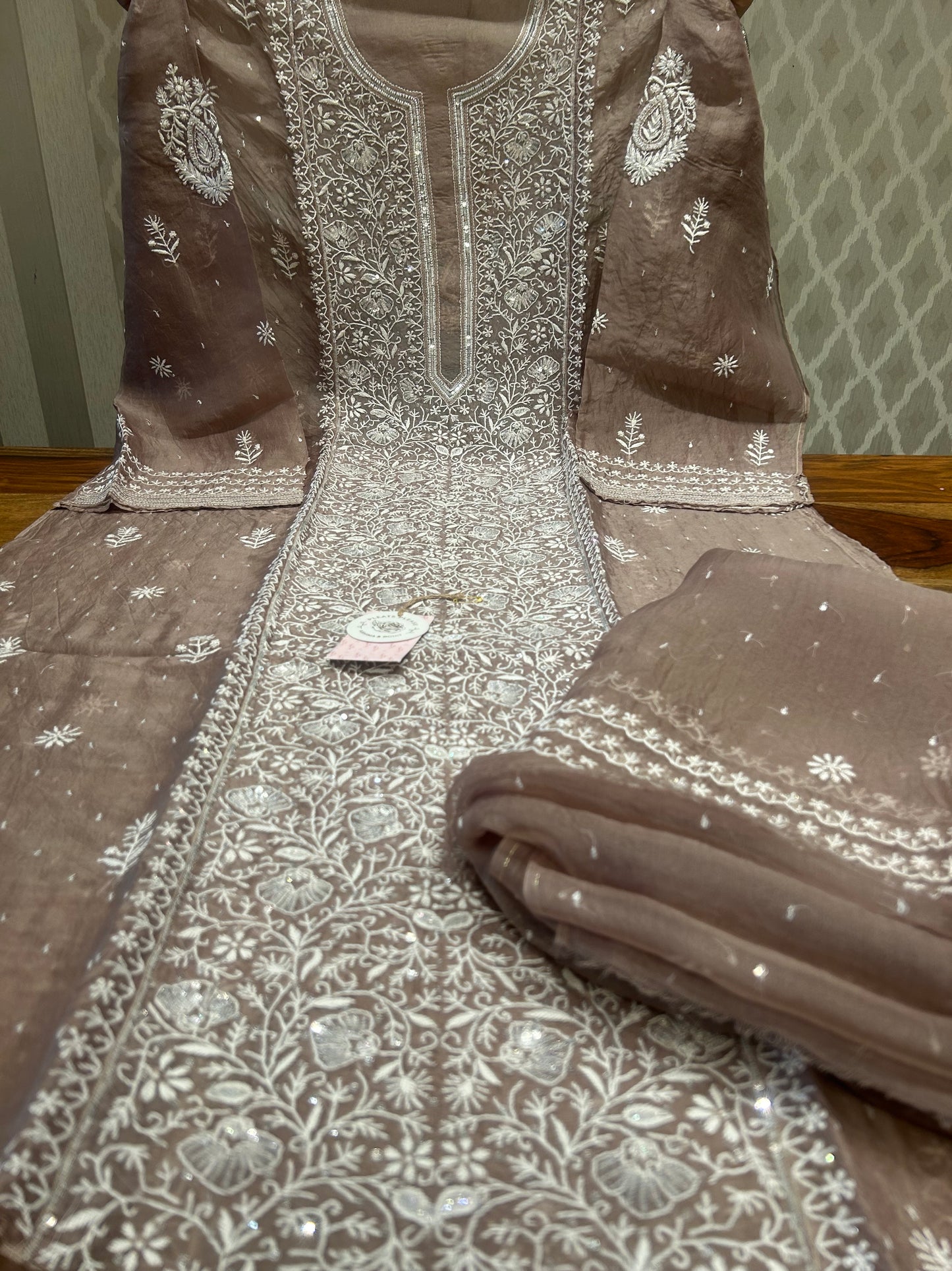 Brown Organza Kurta and Dupatta set