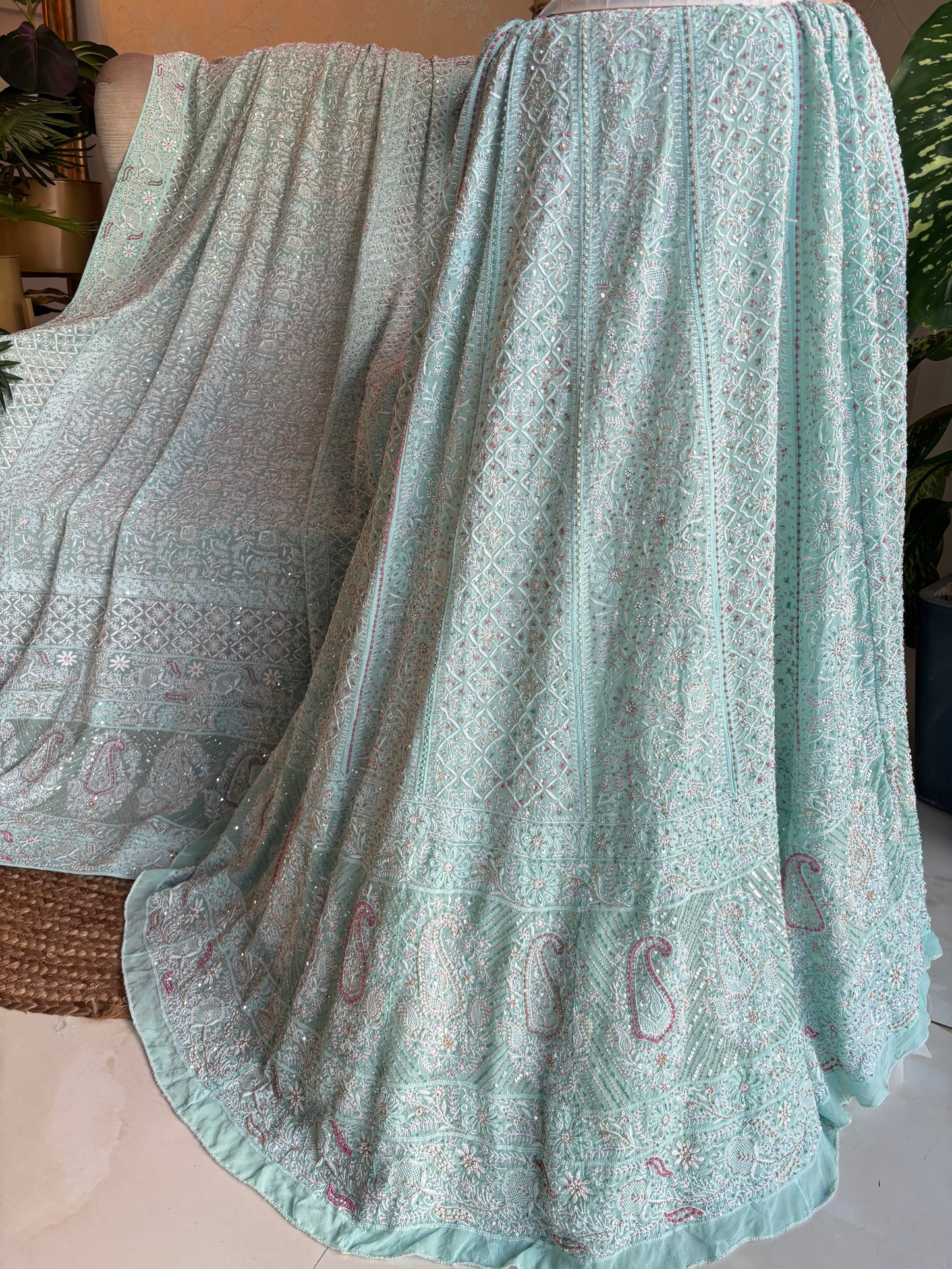 Sea Foam Pure Georgette Chikankari Lehenga