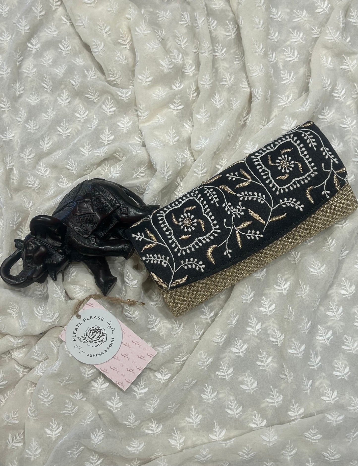 Black beige Chikankari Clutch Jute Bag