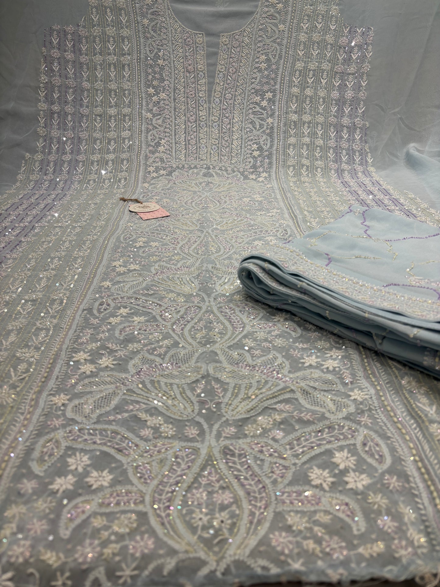Light Blue Pure Georgette Chikankari Kurta and Dupatta Fabric