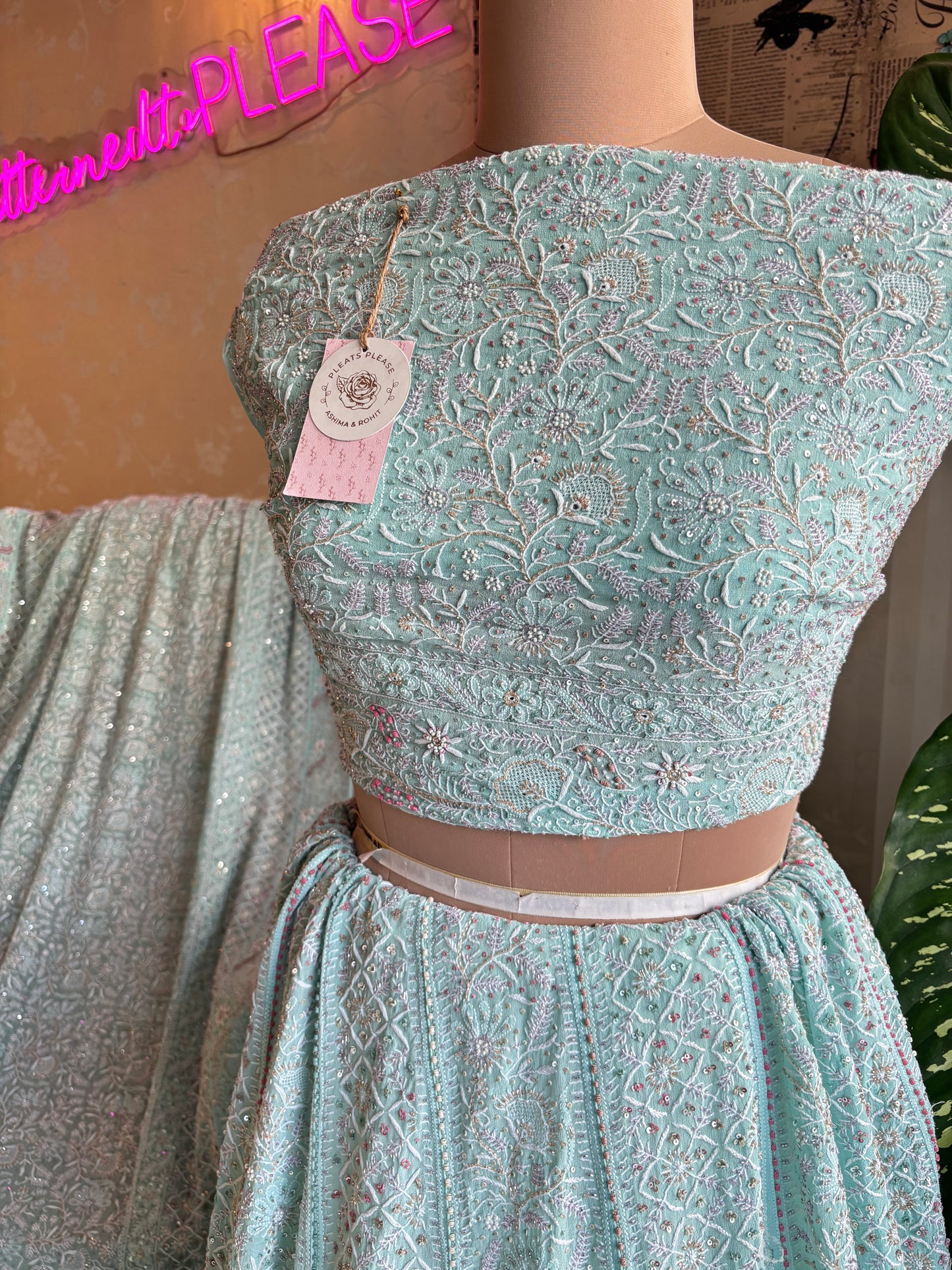 Sea Foam Pure Georgette Chikankari Lehenga