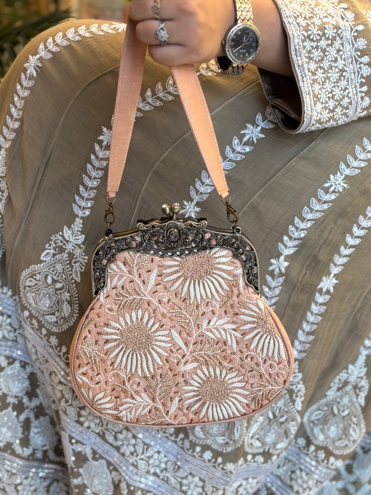 Peach Silk Chikankari Clutch Bag