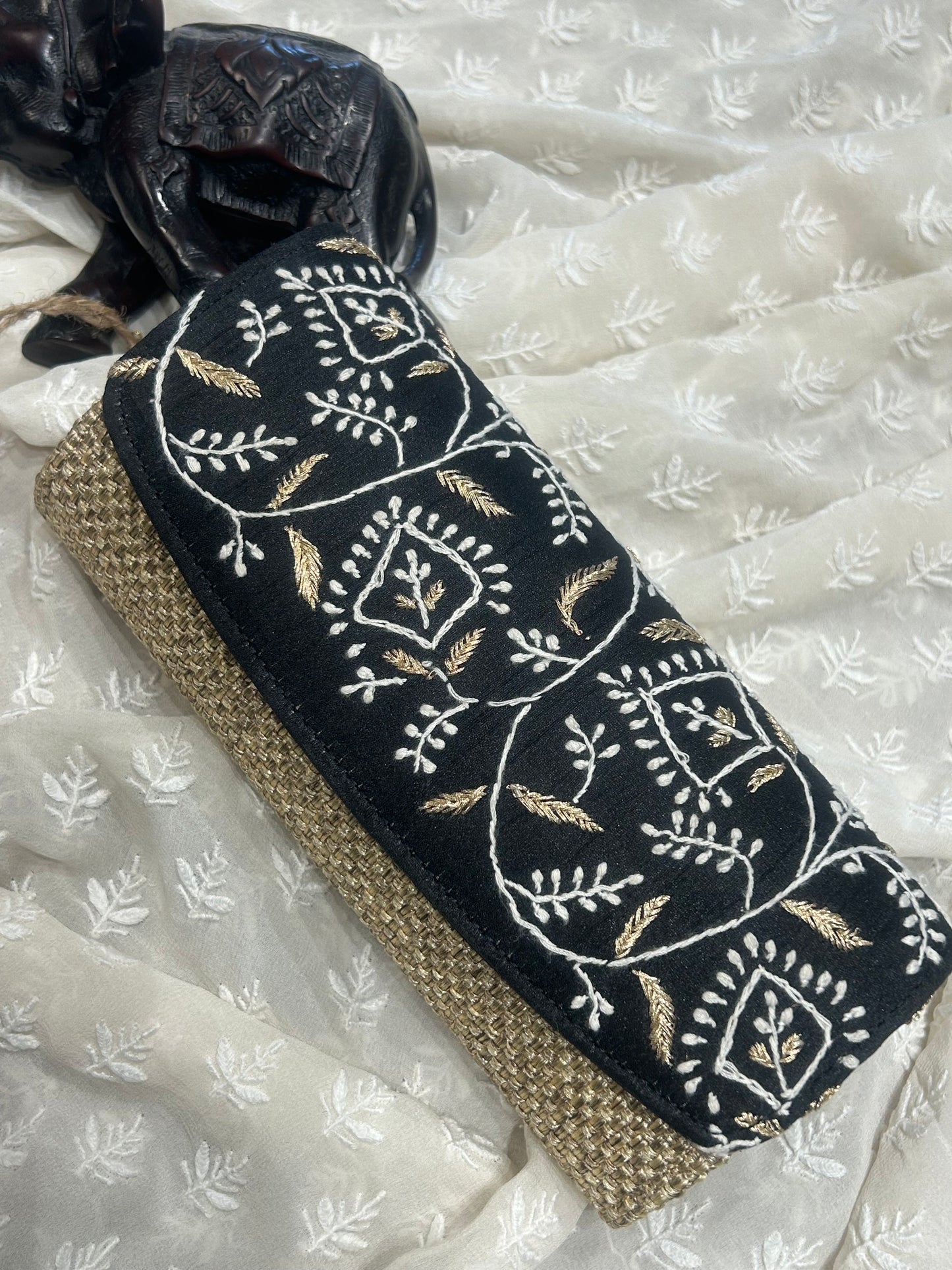 Black Silk Chikankari Clutch Jute Bag