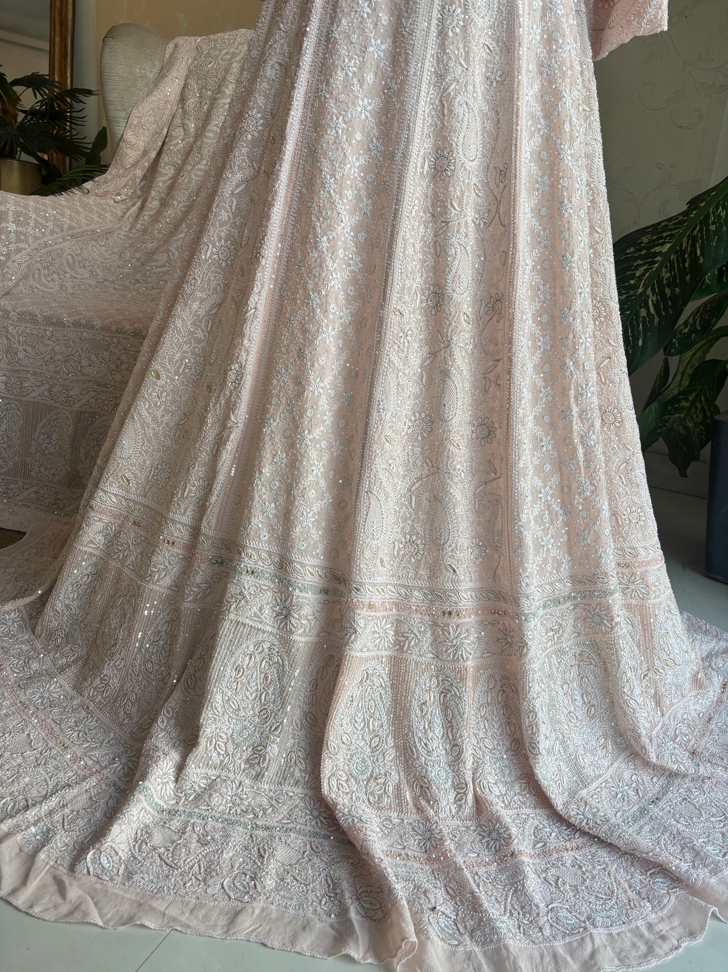 Dusty Peach Pure Georgette Chikankari Lehenga