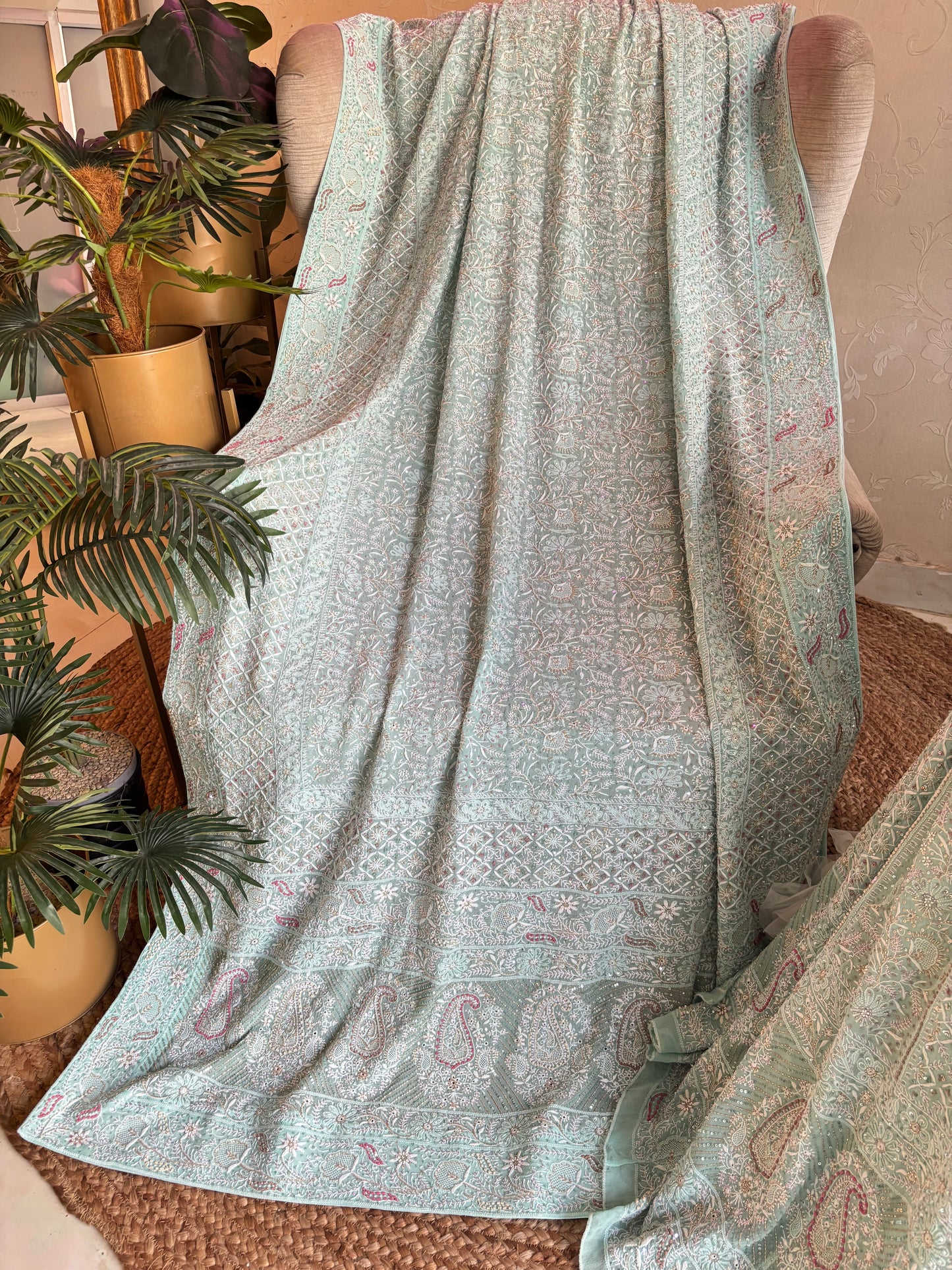 Sea Foam Pure Georgette Chikankari Lehenga