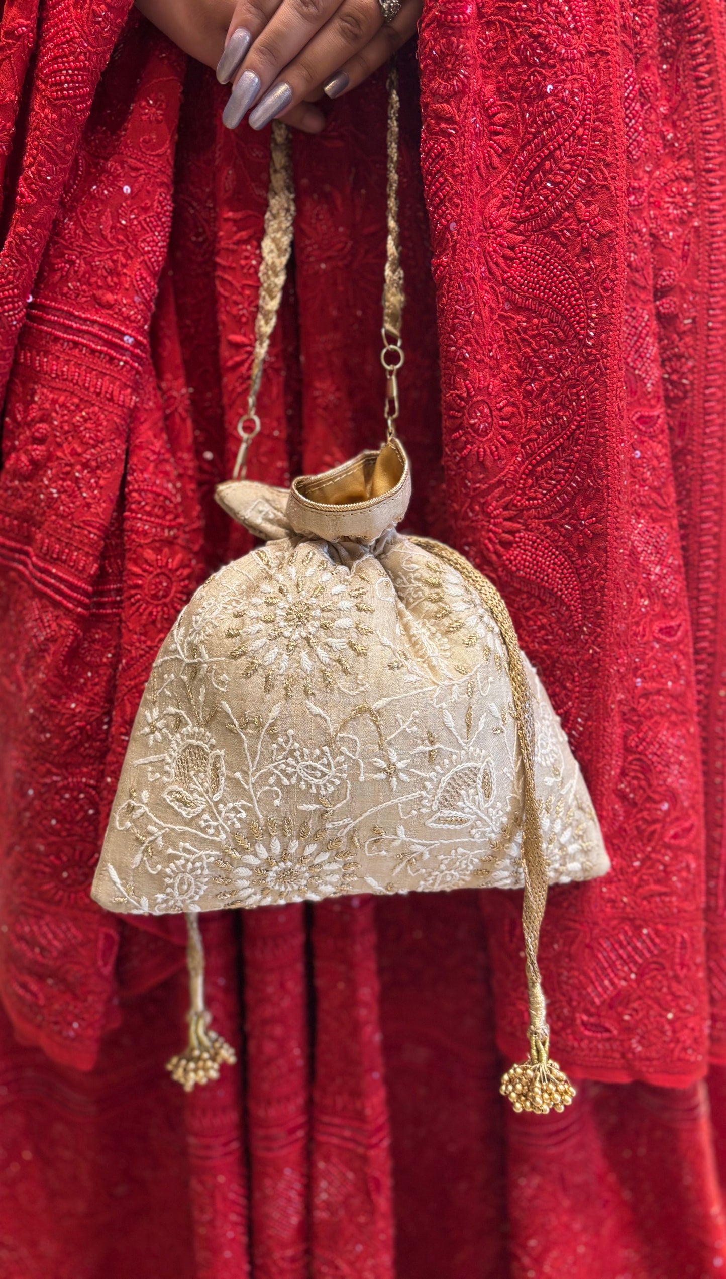 Beige Silk Chikankari Potli