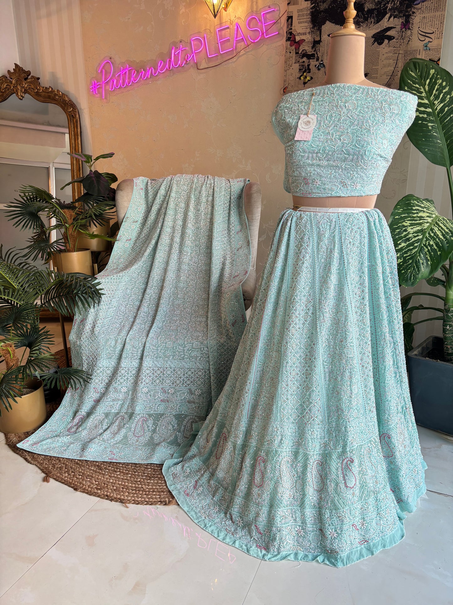 Sea Foam Pure Georgette Chikankari Lehenga