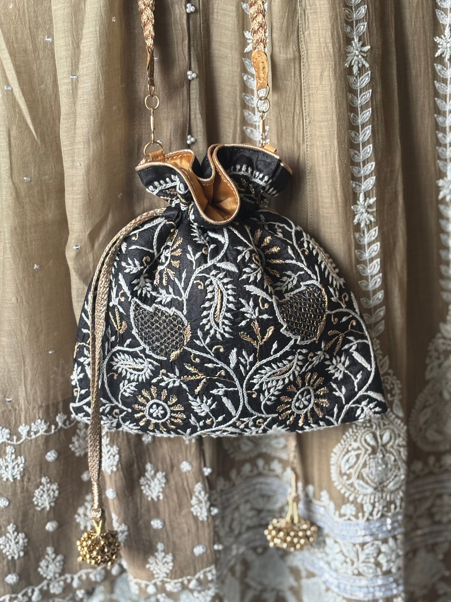 Black Silk Chikankari Potli