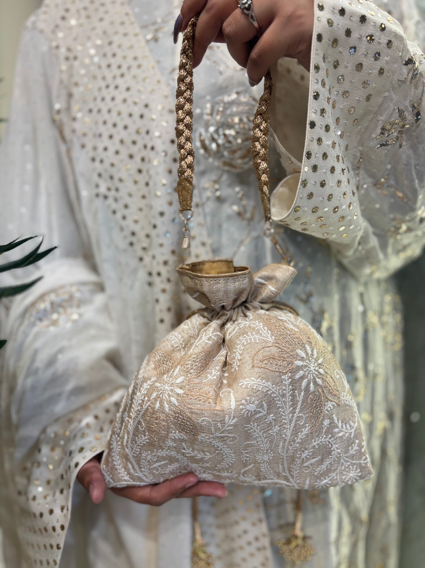 Beige Silk Chikankari Potli