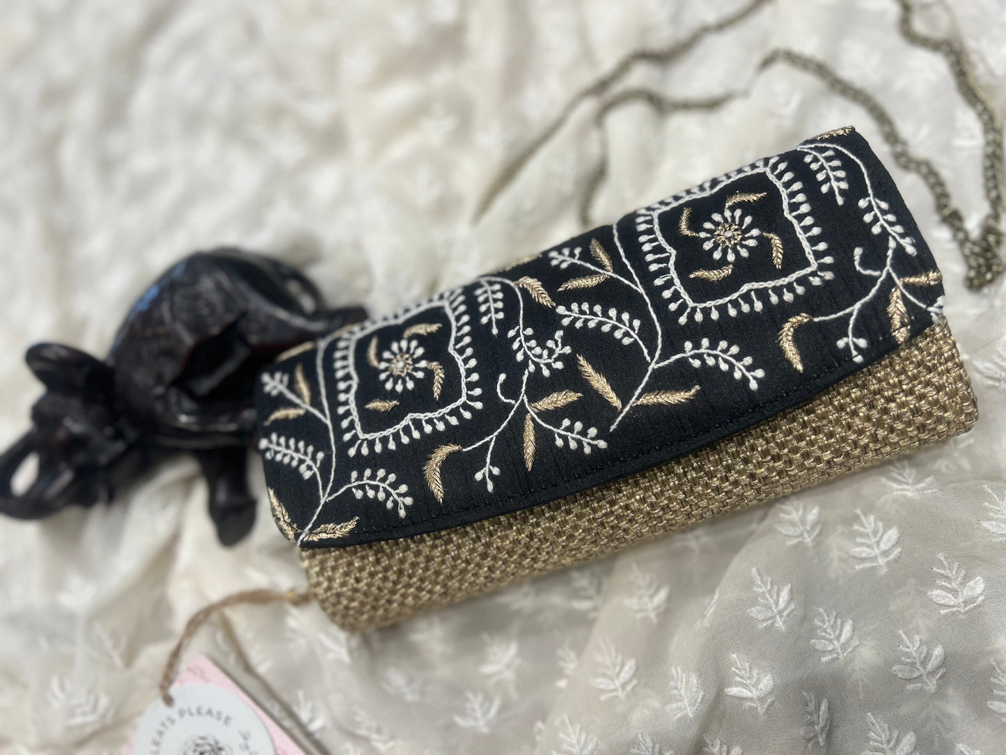 Black beige Chikankari Clutch Jute Bag