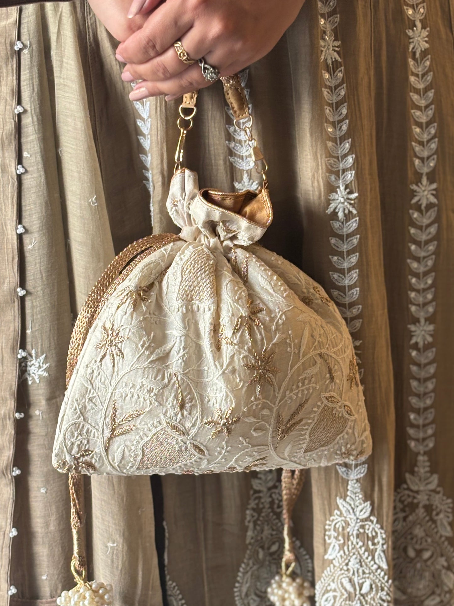 White Silk Chikankari Potli