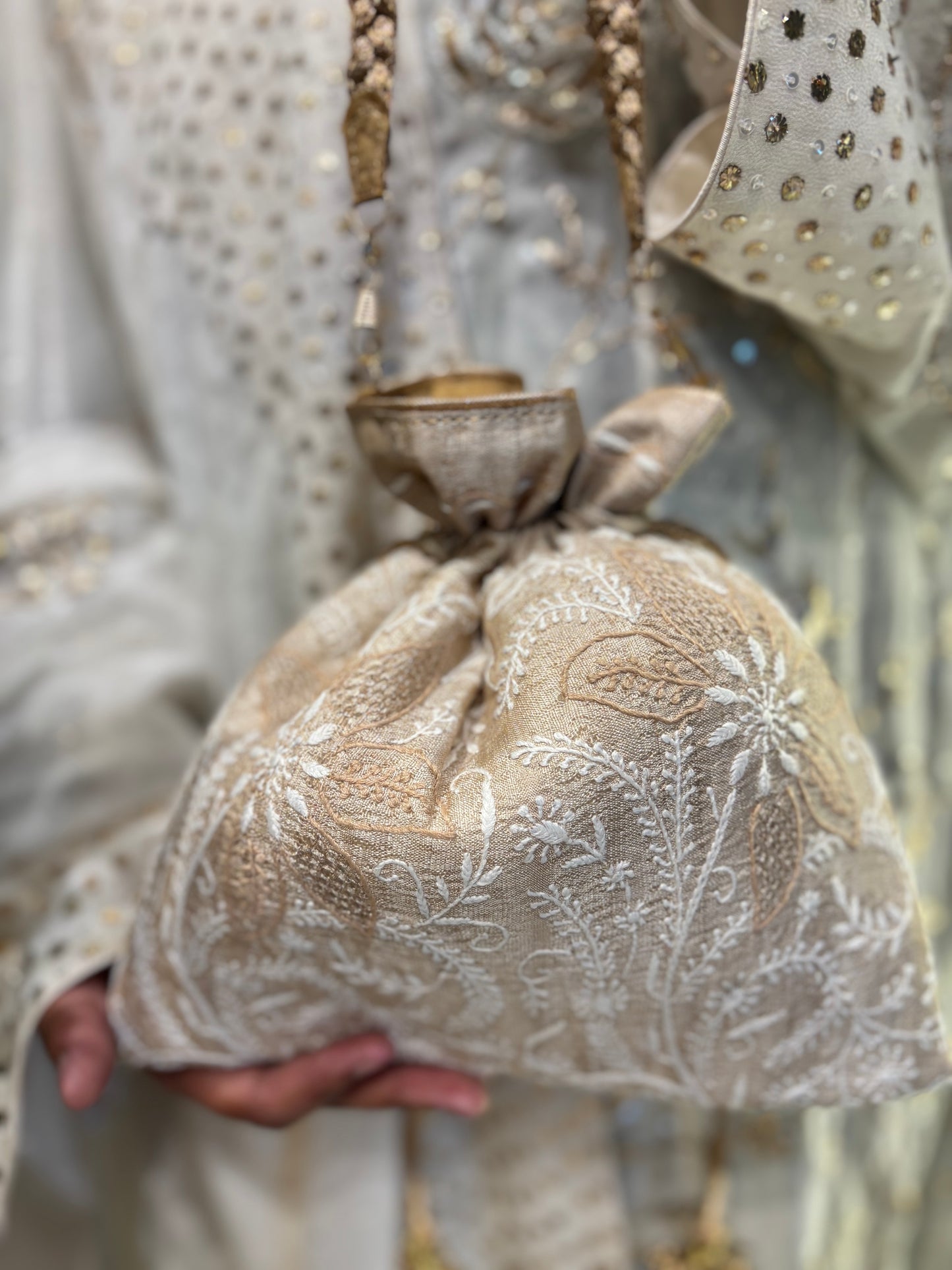 Beige Silk Chikankari Potli