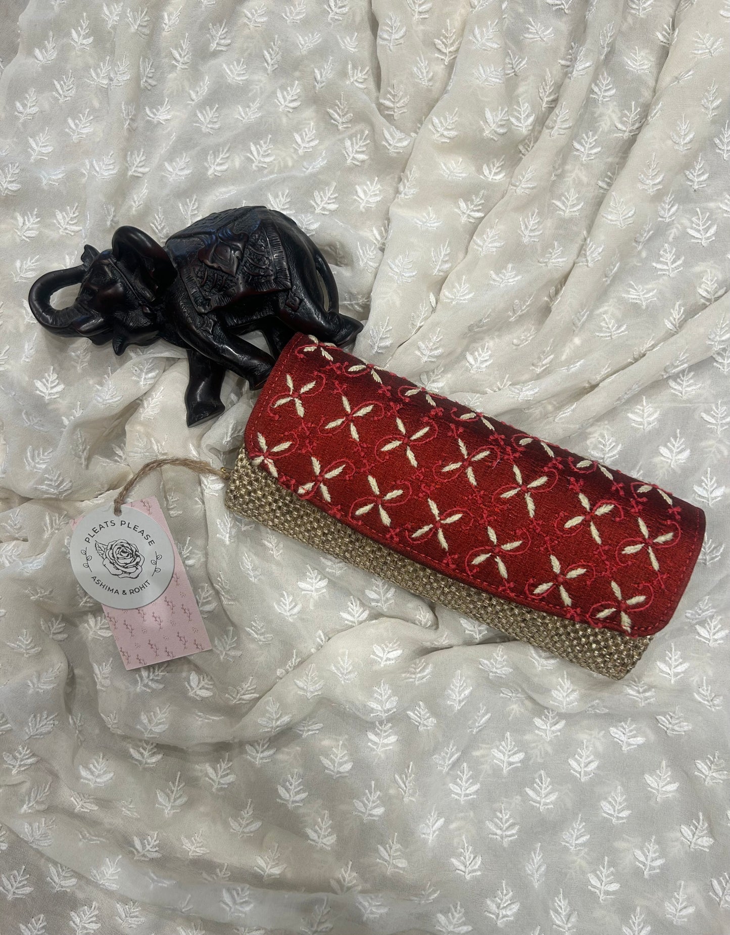 Sangria Red Silk Chikankari Clutch Jute Bag