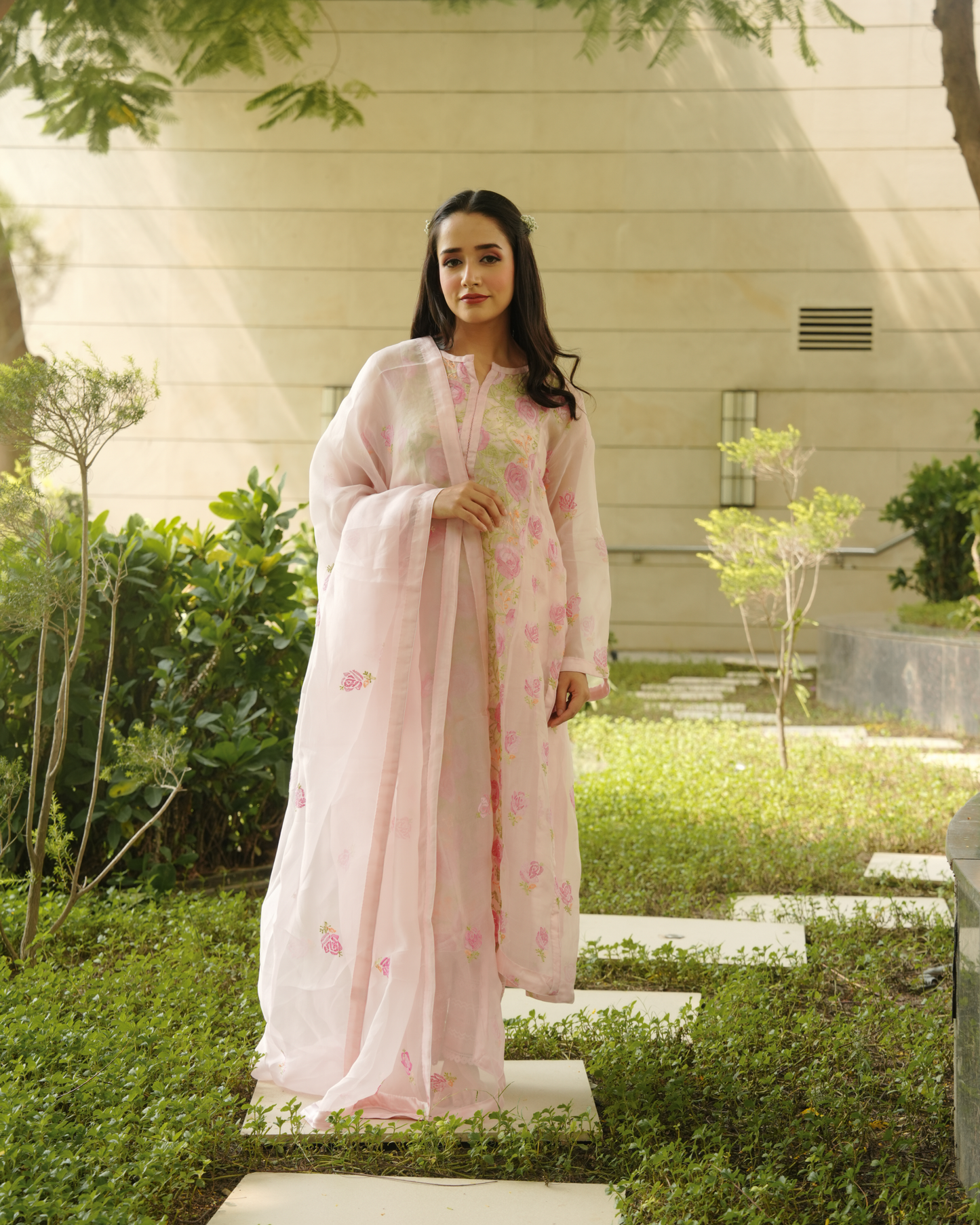 Nude Pink Organza Silk Chikankari Kurta and Dupatta