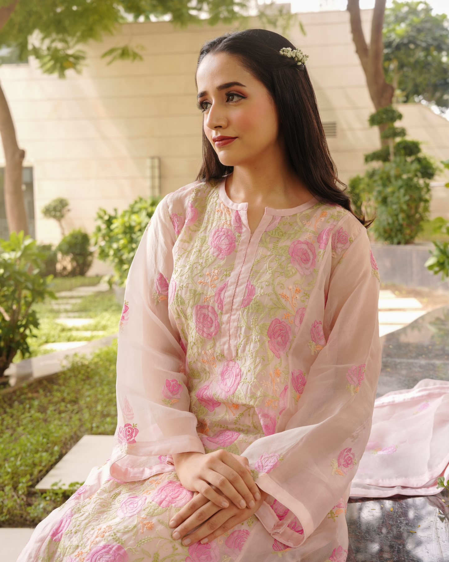 Nude Pink Organza Silk Chikankari Kurta and Dupatta