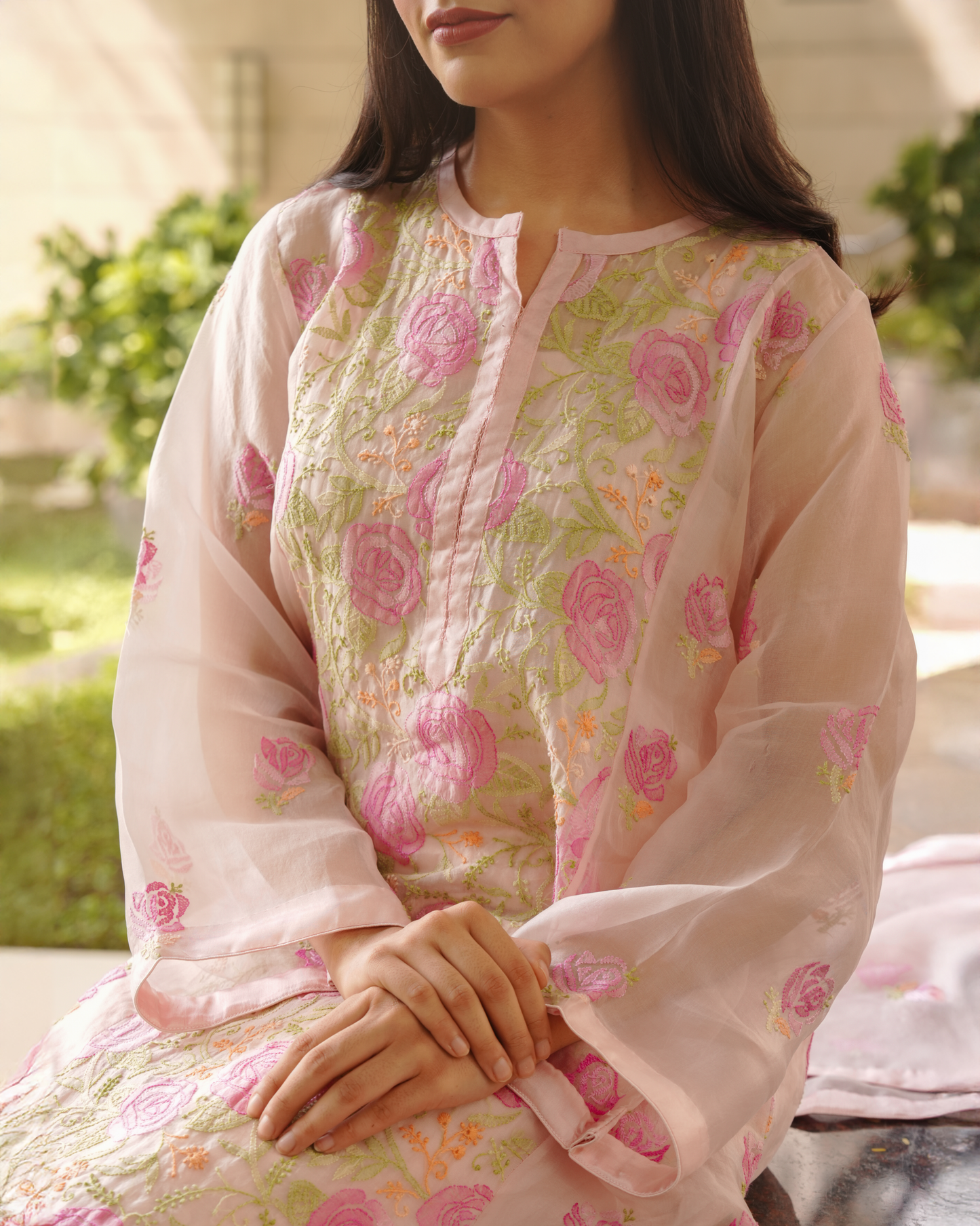 Nude Pink Organza Silk Chikankari Kurta and Dupatta