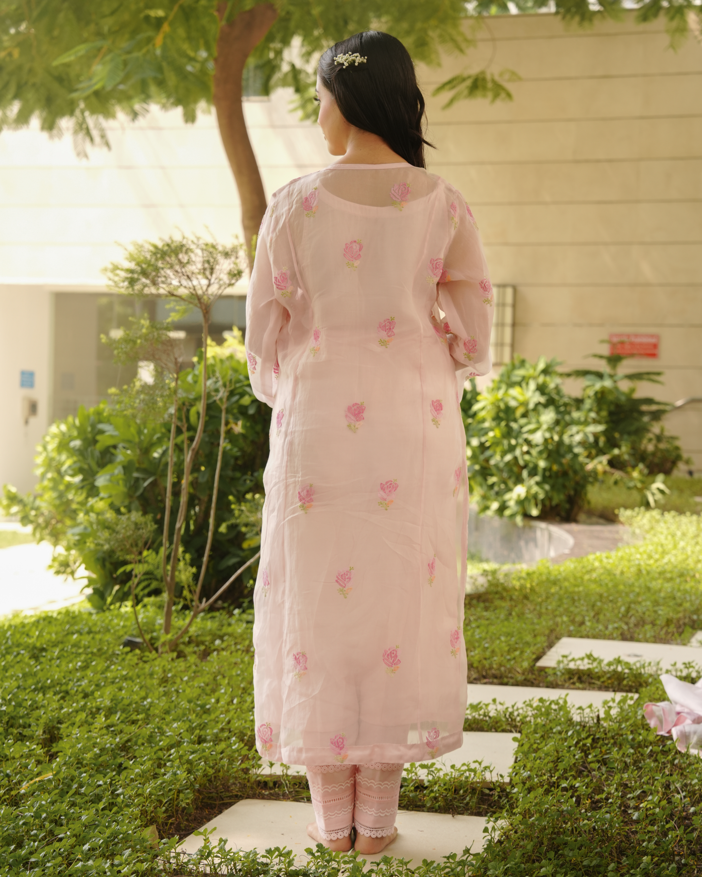 Nude Pink Organza Silk Chikankari Kurta and Dupatta