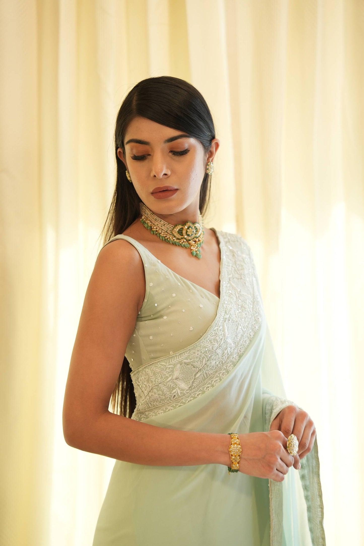 Sage Green Pure Georgette Chikankari Saree