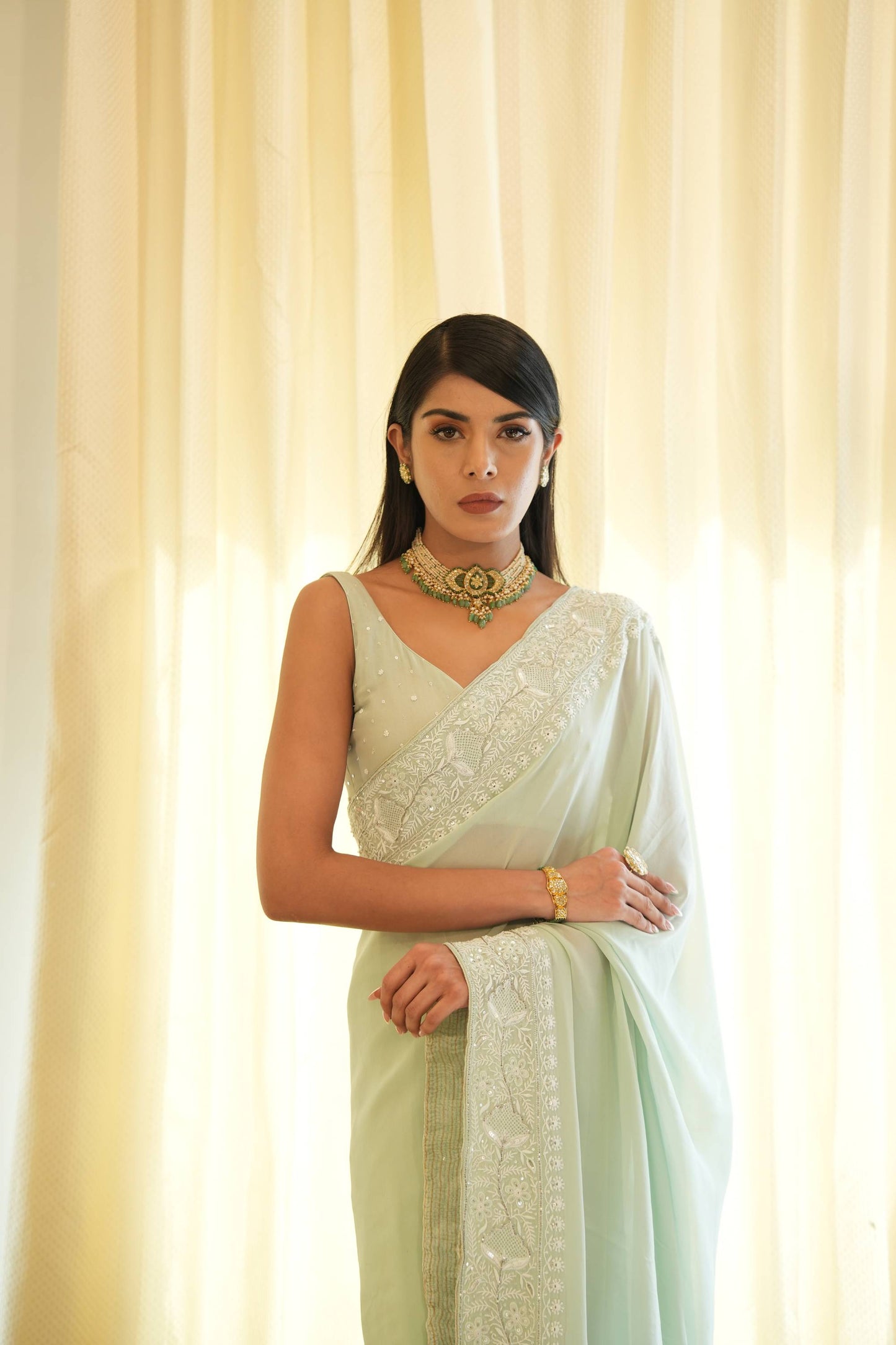 Sage Green Pure Georgette Chikankari Saree
