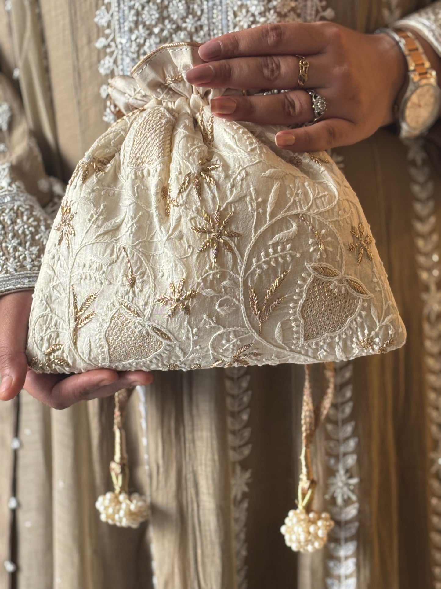 White Silk Chikankari Potli