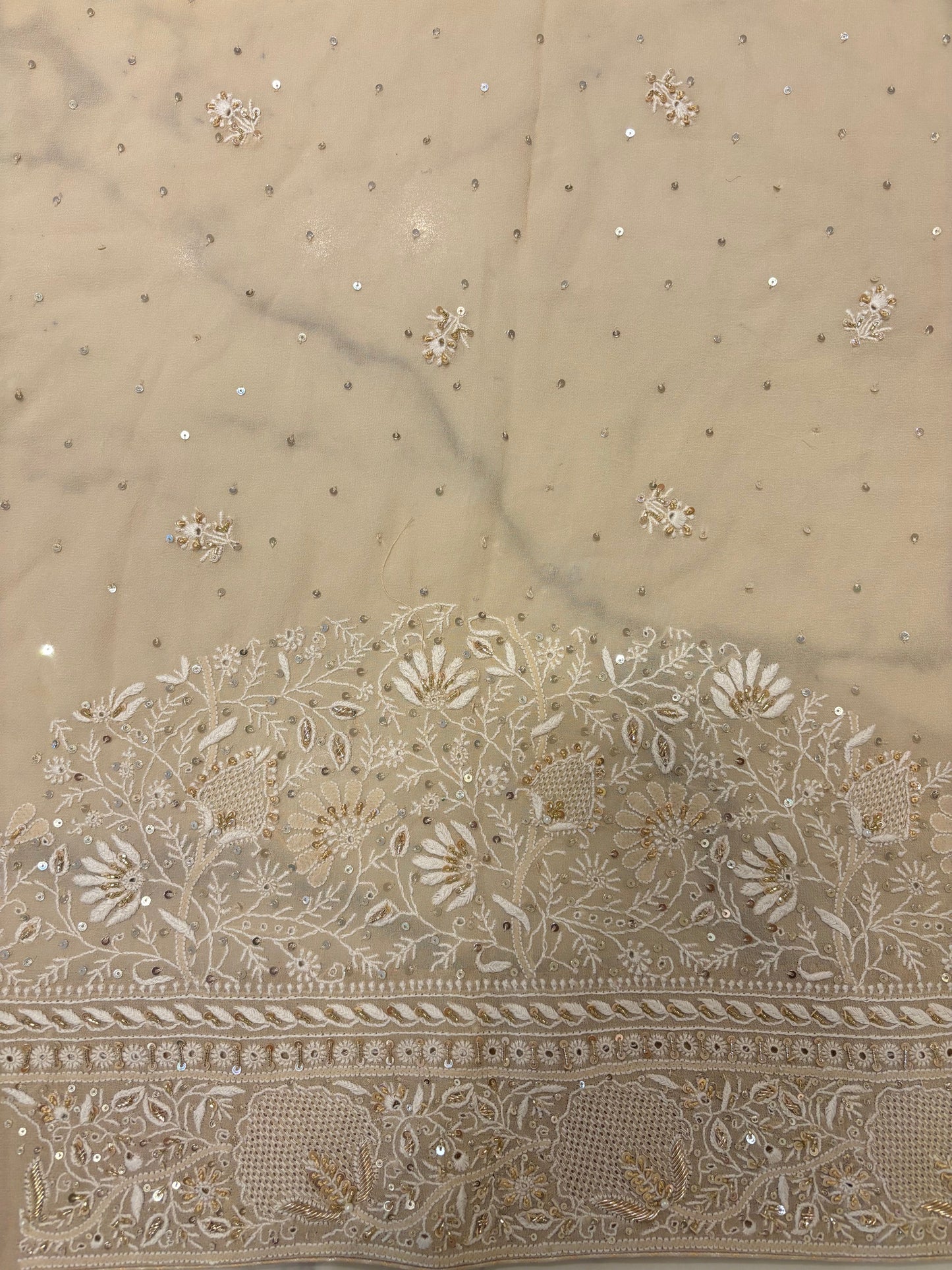 Coffee Cream Pure Georgette Chikankari Saree and Blouse