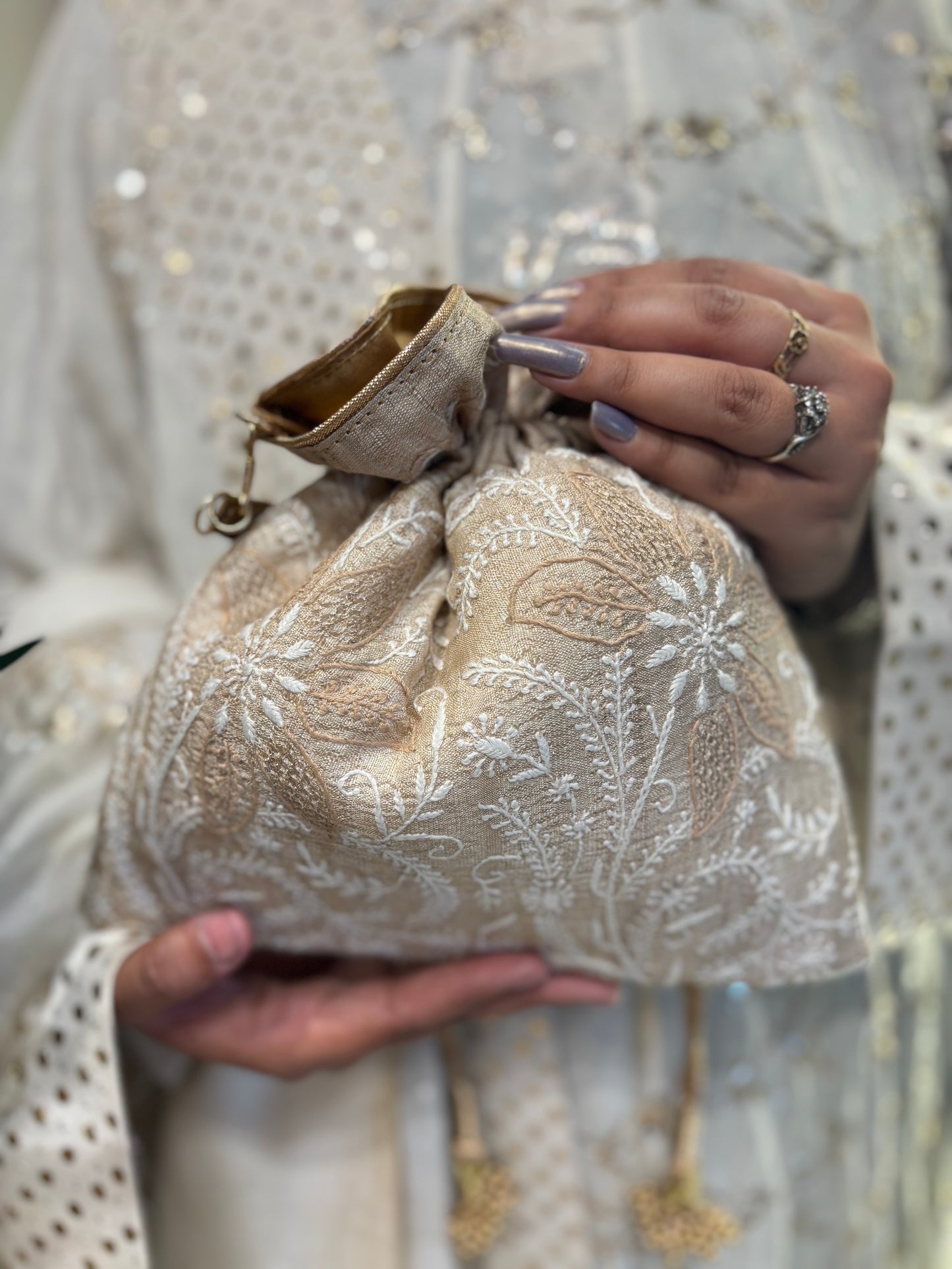 Beige Silk Chikankari Potli