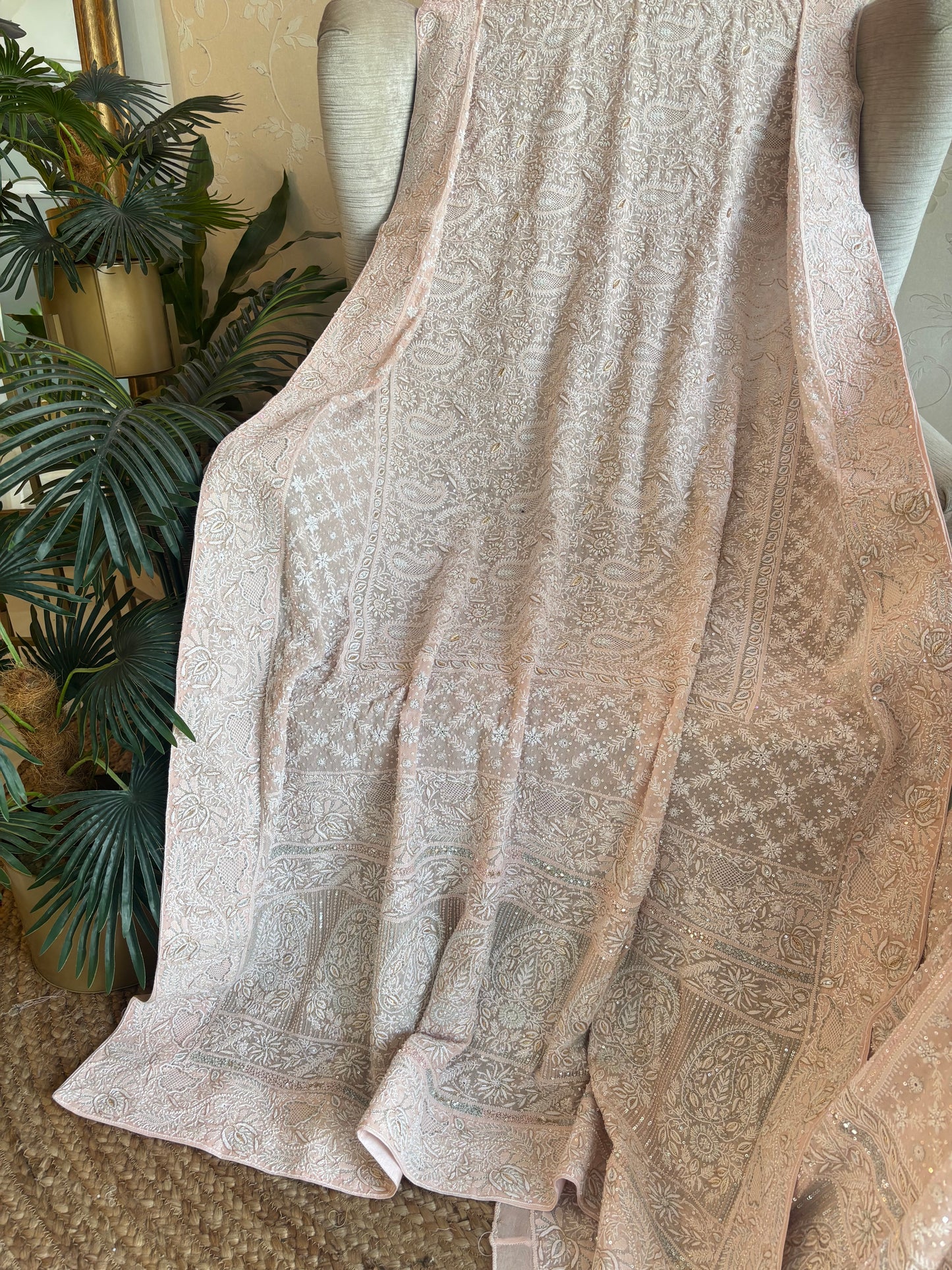Dusty Peach Pure Georgette Chikankari Lehenga