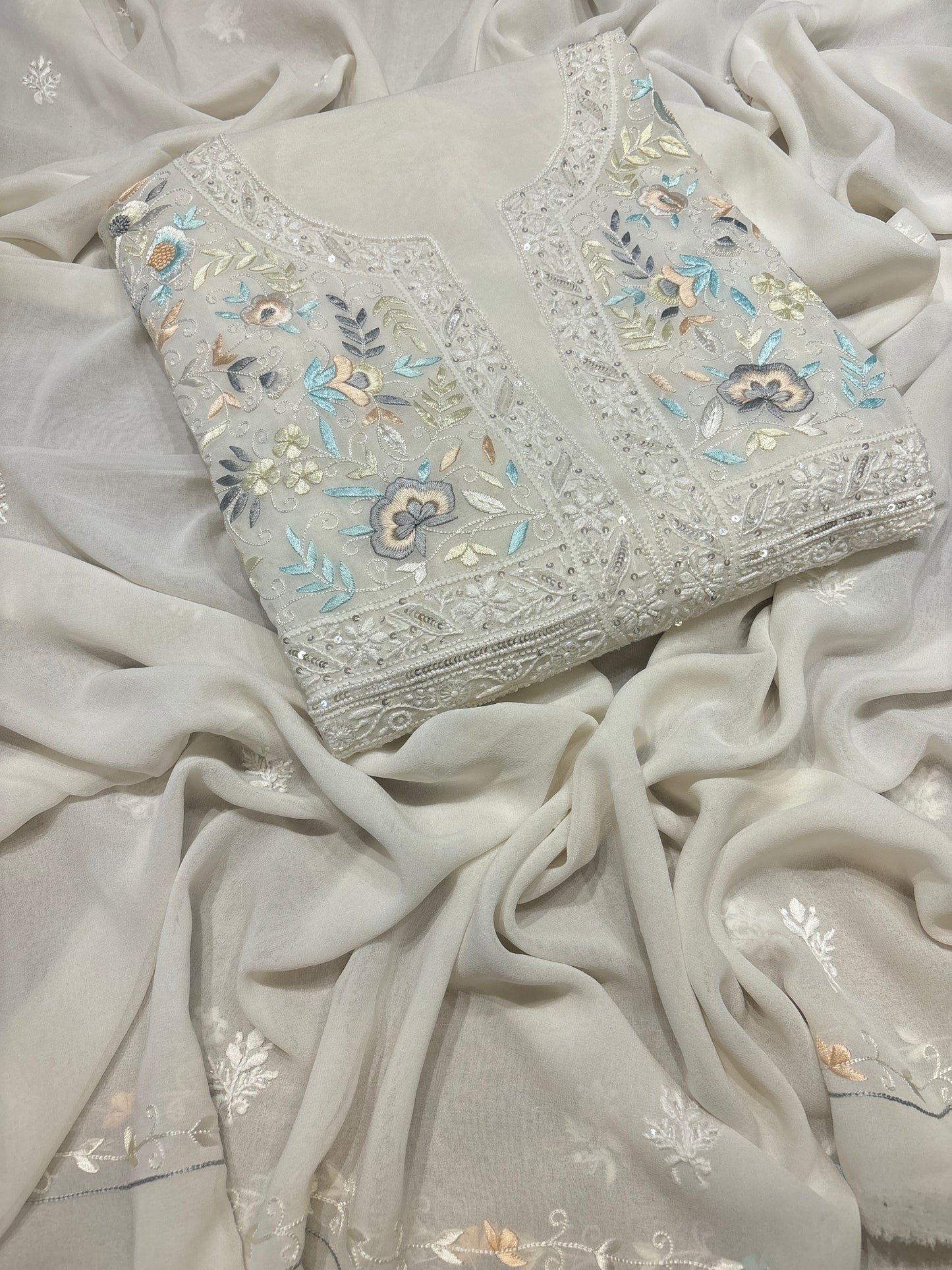 Dyeable Pure Georgette Chikankari and Parsi Garha Kurta and Dupatta Fabric