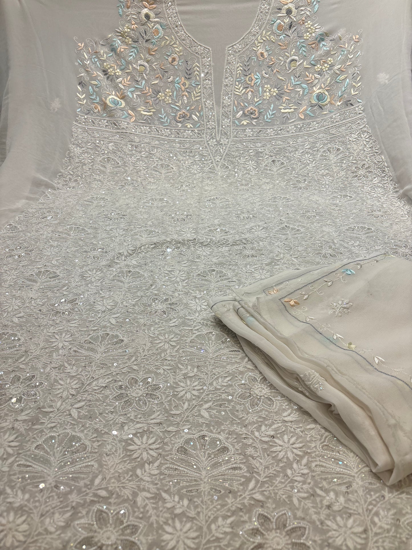 Dyeable Pure Georgette Chikankari and Parsi Garha Kurta and Dupatta Fabric