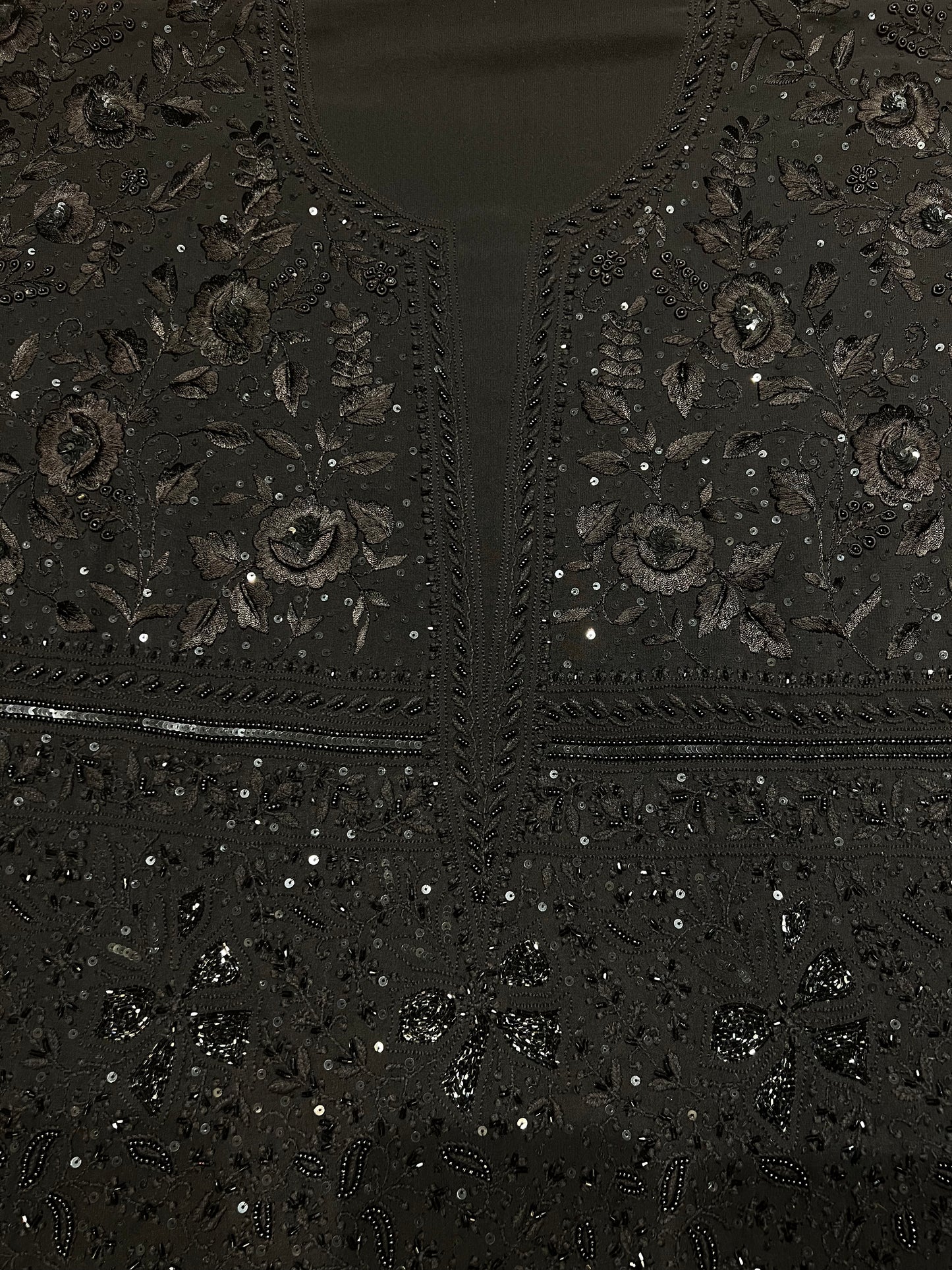 Black Pure Georgette Chikankari and Parsi Garha Kurta and Dupatta Fabric