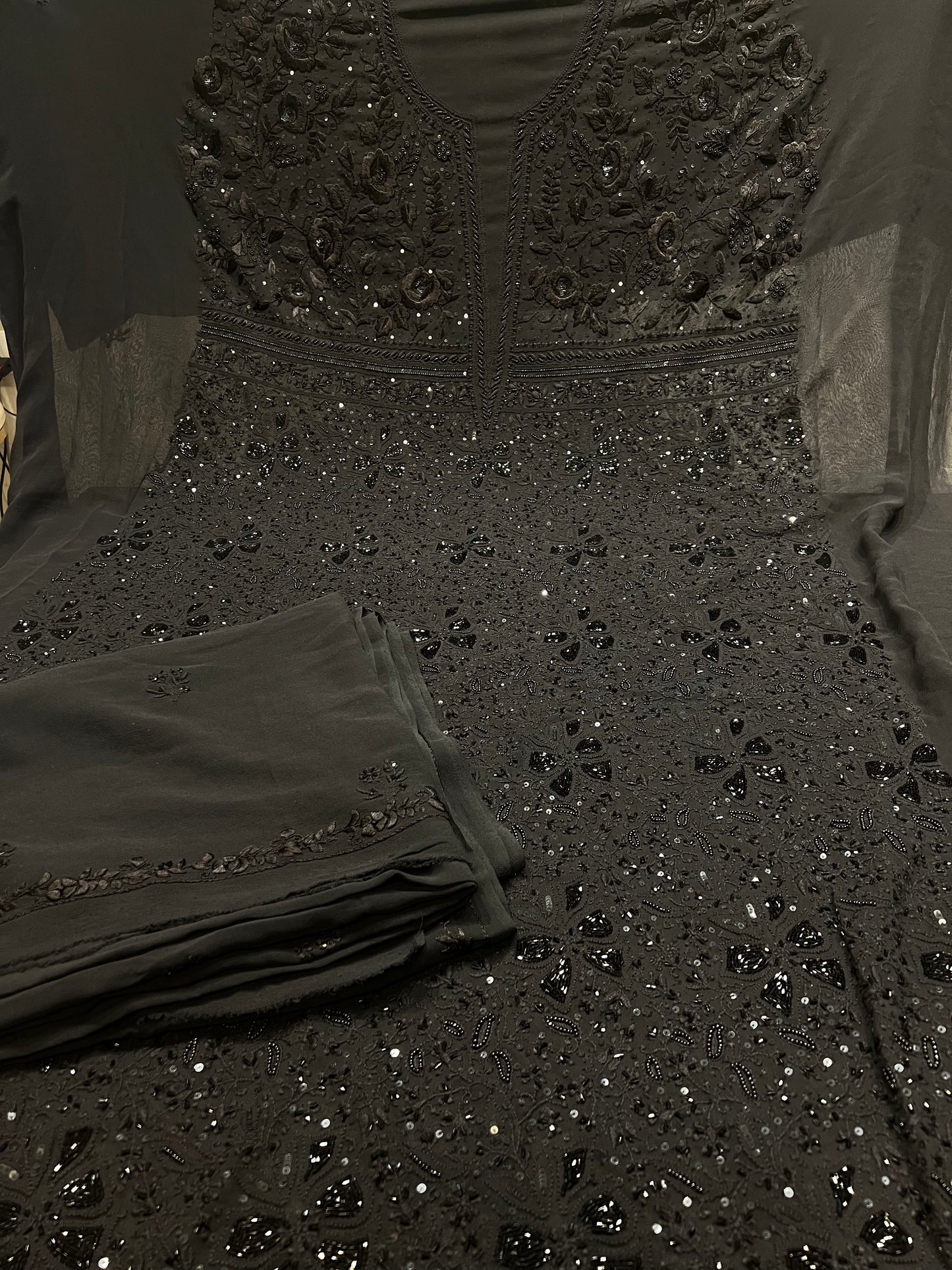 Black Pure Georgette Chikankari and Parsi Garha Kurta and Dupatta Fabric