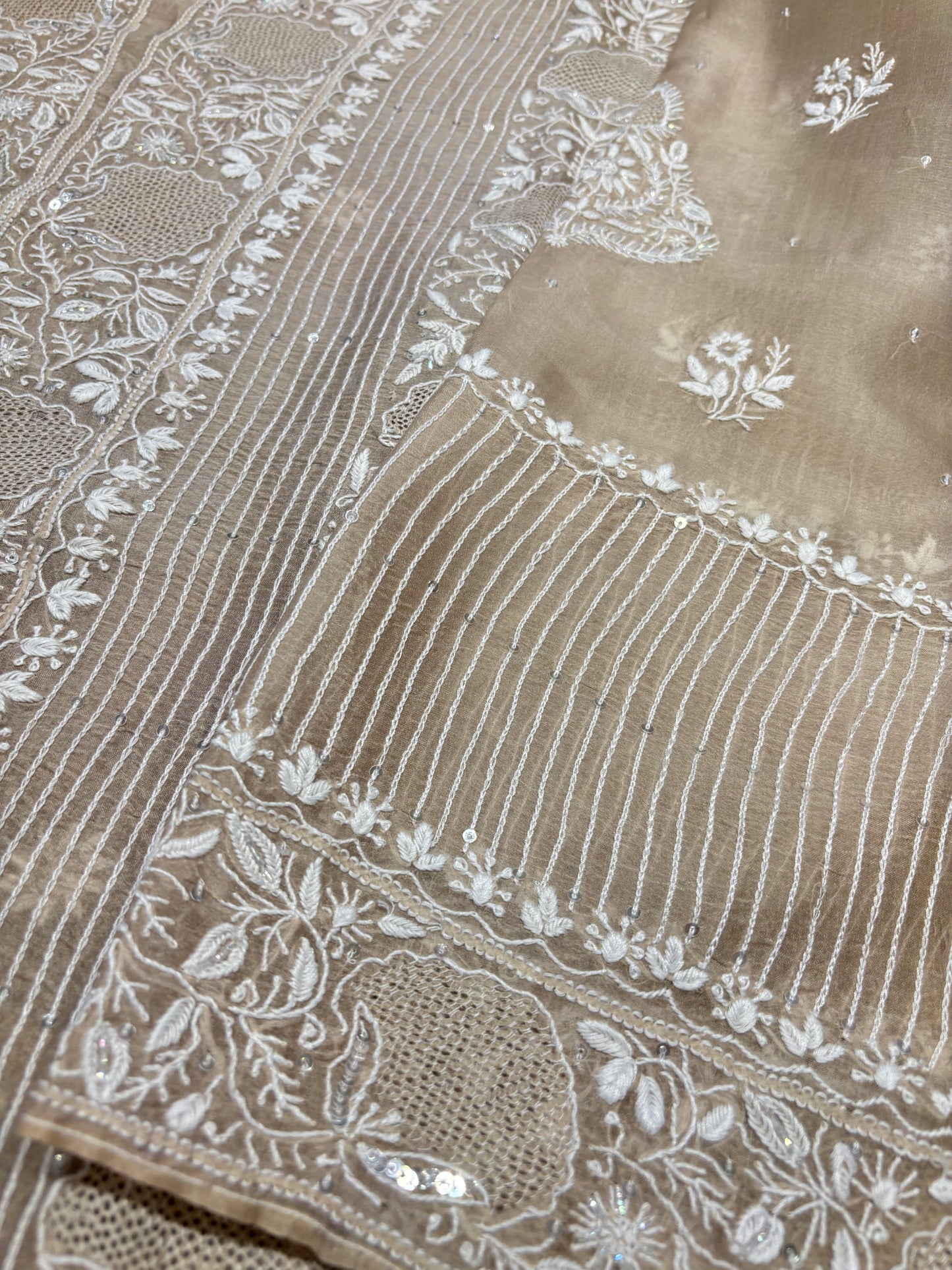 Coffee Latte Organza Silk Chikankari Kurta and Dupatta
