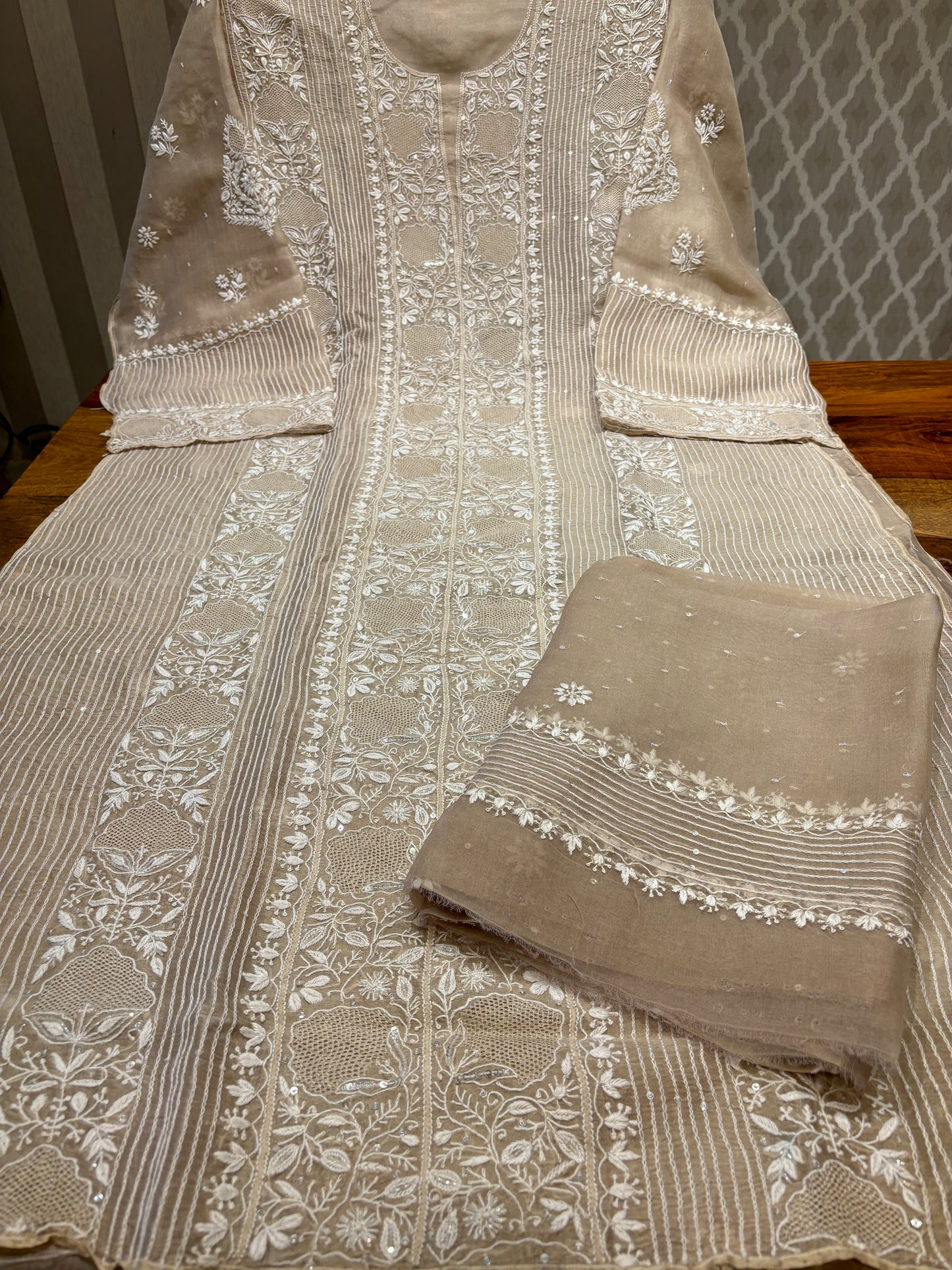 Coffee Latte Organza Silk Chikankari Kurta and Dupatta